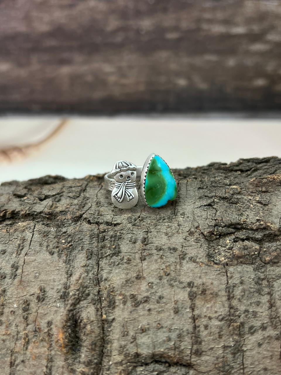 Handmade Sterling Silver Sonoran Mountain Turquoise Snowman Adjustable Ring "Signed Nizhoni"