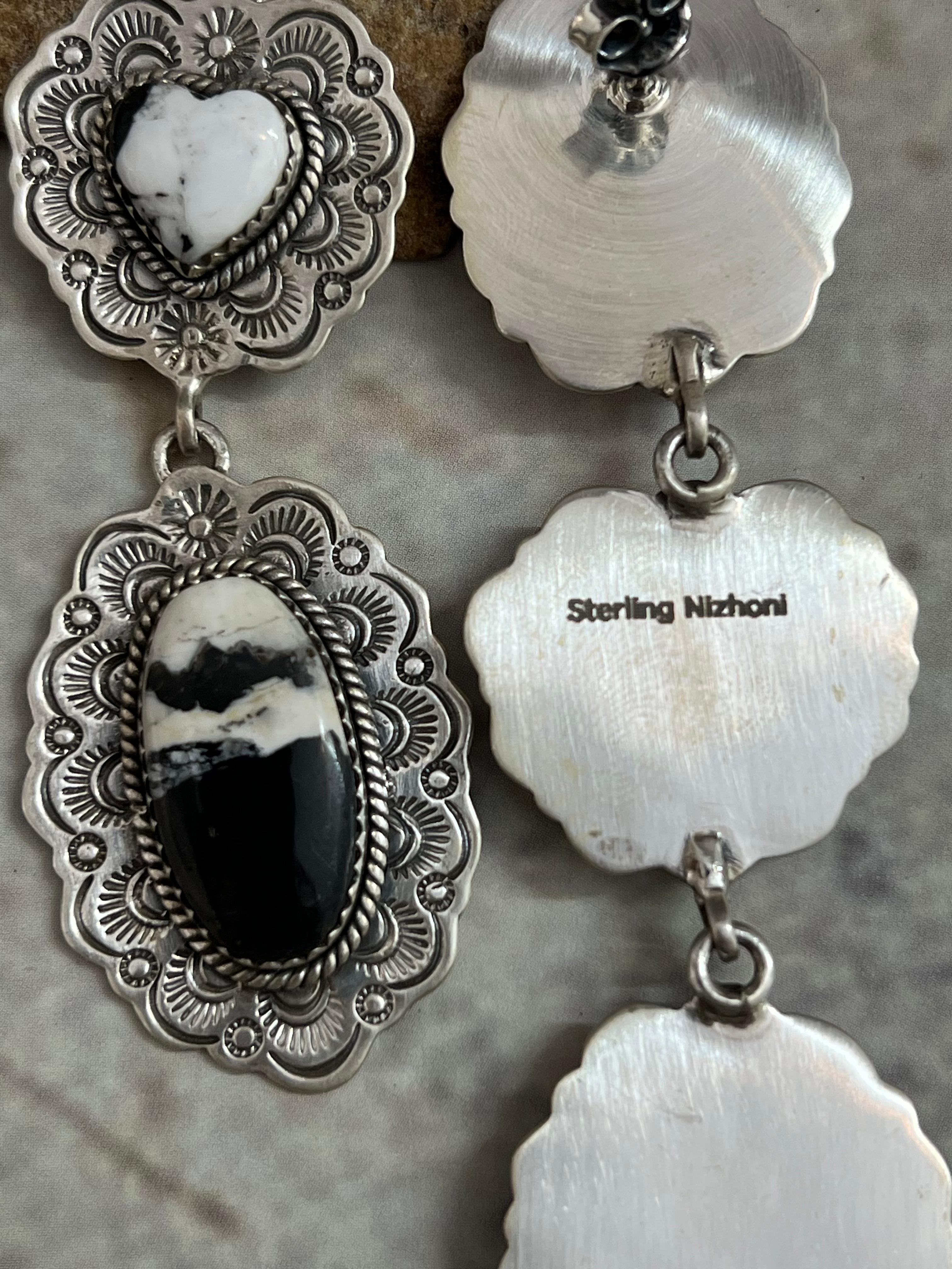 Handmade Sterling Silver White Buffalo Post Dangle Earrings with Signed Nizhoni