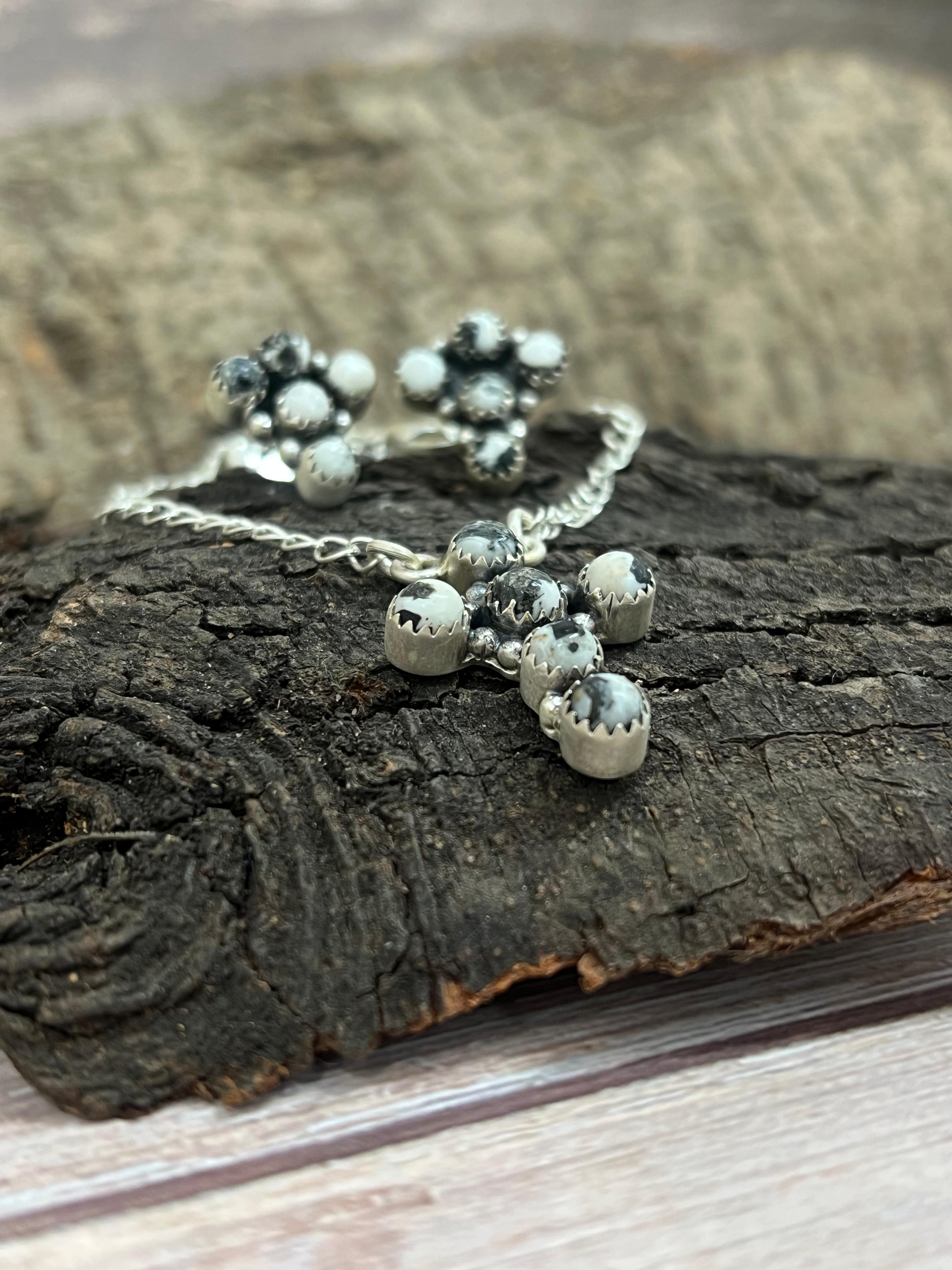 Handmade Sterling Silver White Buffalo Cross Necklace & Earrings Set Signed Nizhoni