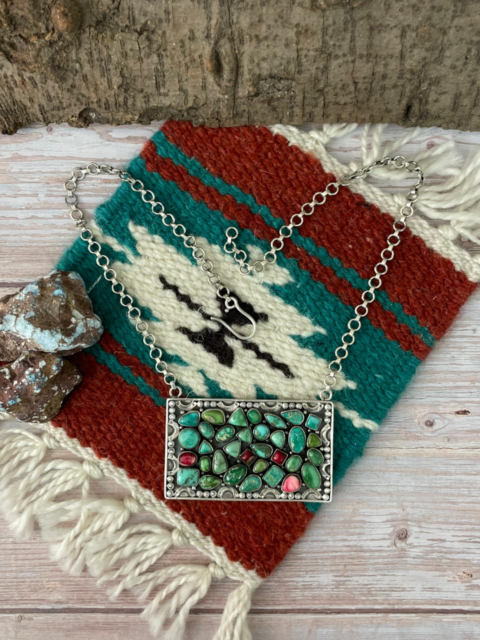 Handmade Sterling Silver Dahlia Rose with Emerald Valley Turquoise Necklace "Signed Nizhoni"