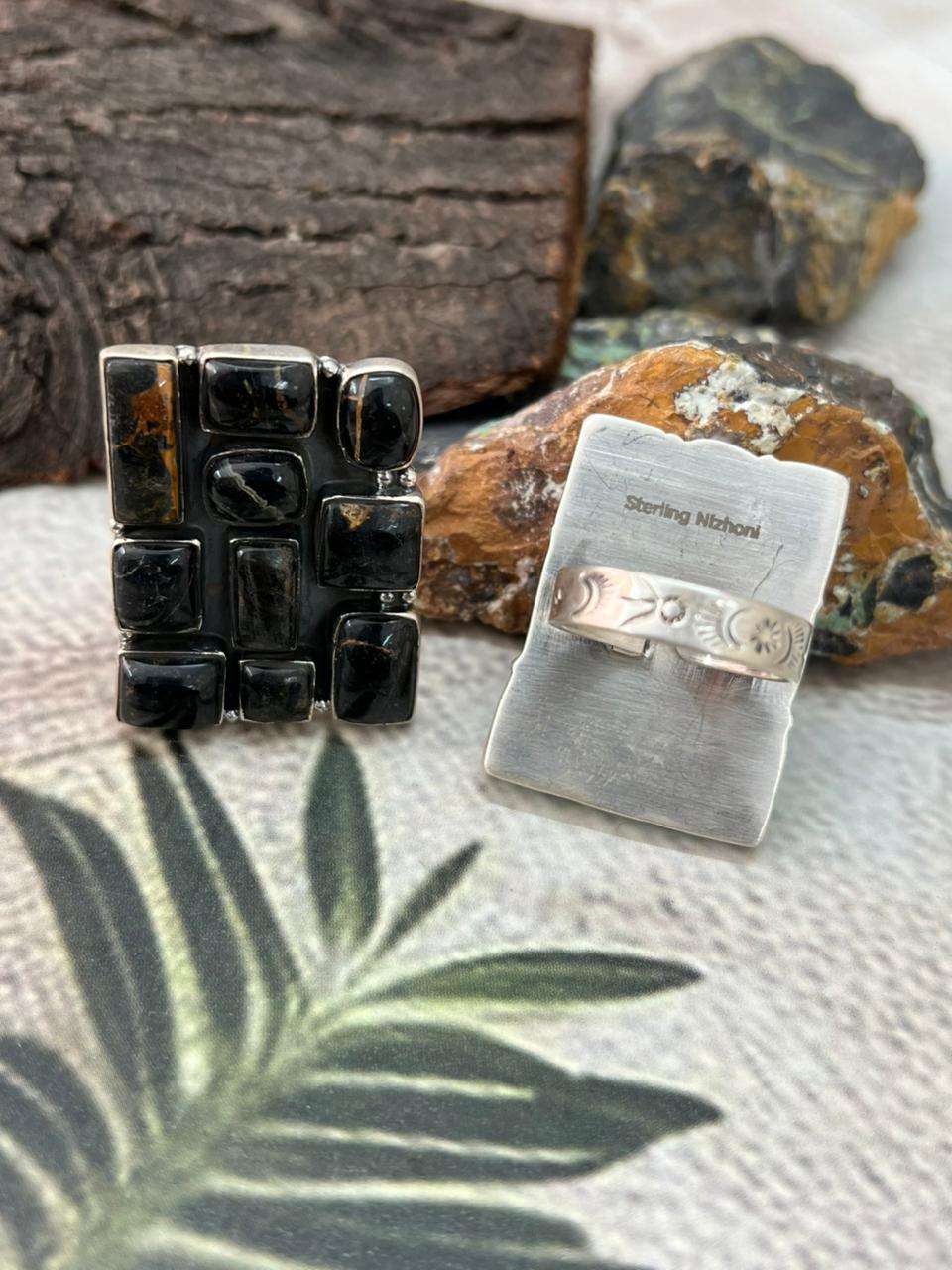 Handmade Sterling Silver Blackjack Turquoise Adjustable Ring " Signed Nizhoni"