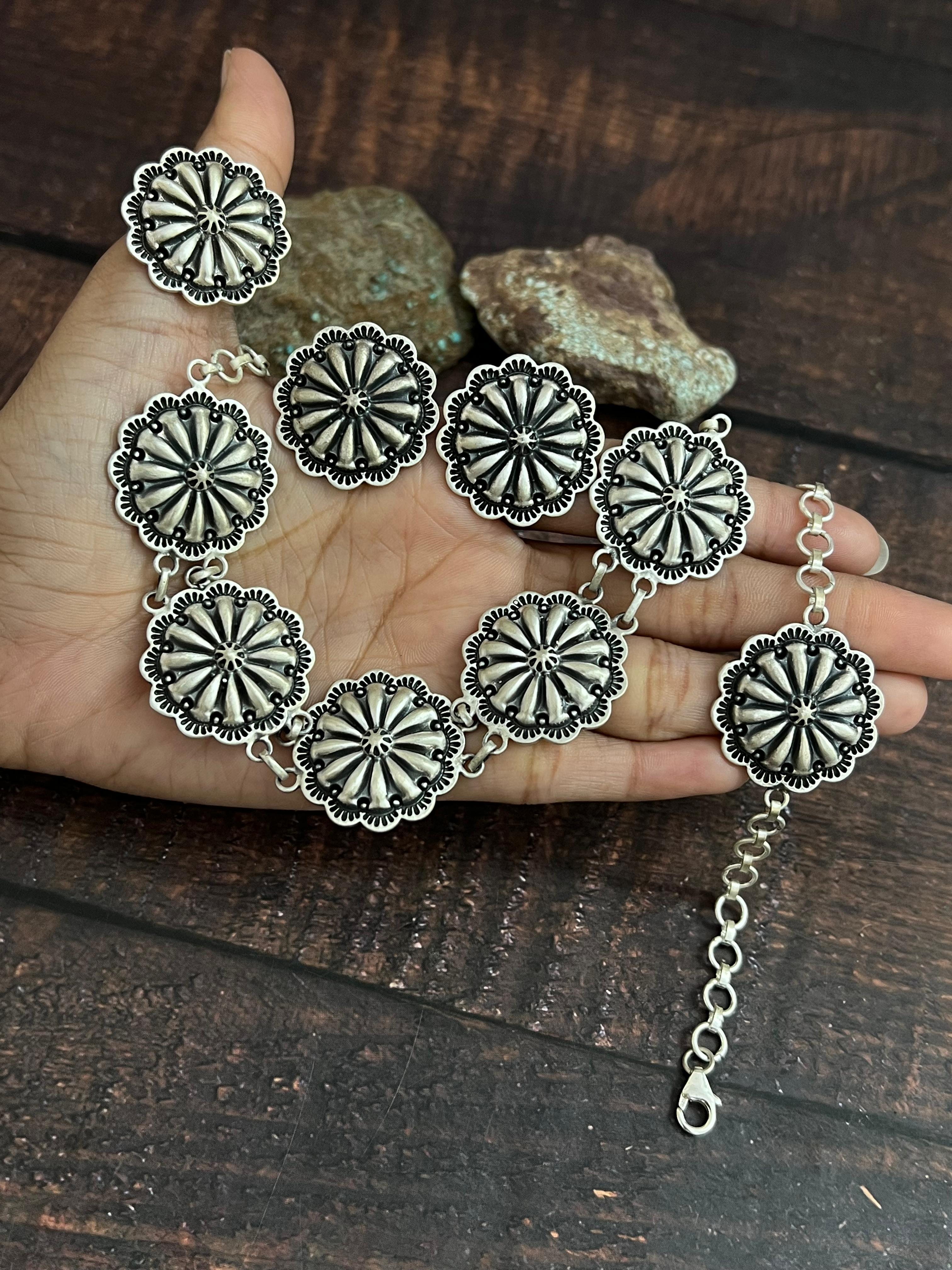 Handmade Sterling Silver Necklace Earrings Ring Bracelet Set, Signed Nizhoni