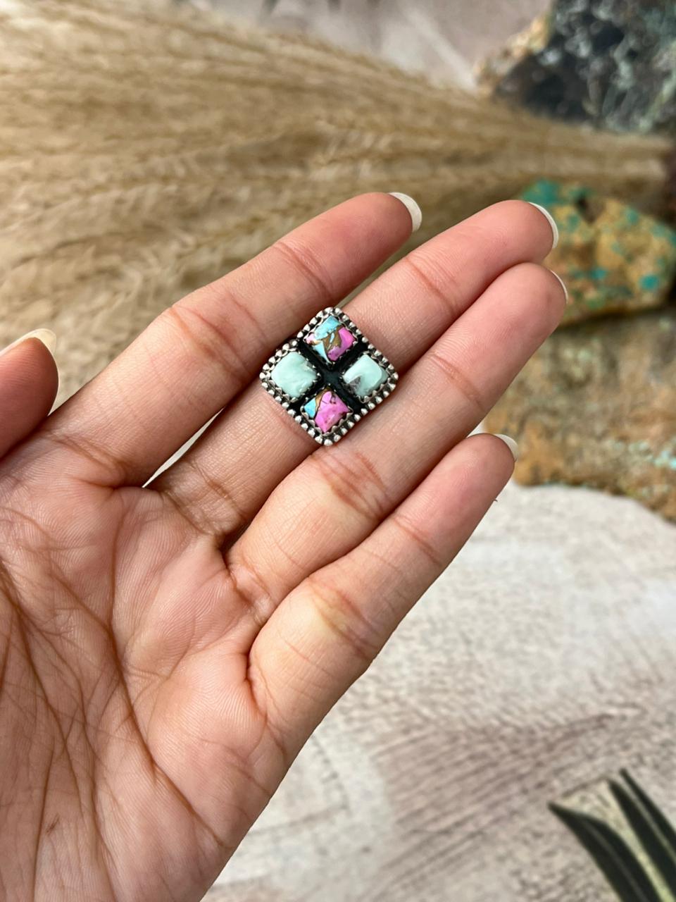 Handmade Sterling Silver Cotton Candy with Paloma Turquoise Adjustable Ring "Signed Nizhoni"