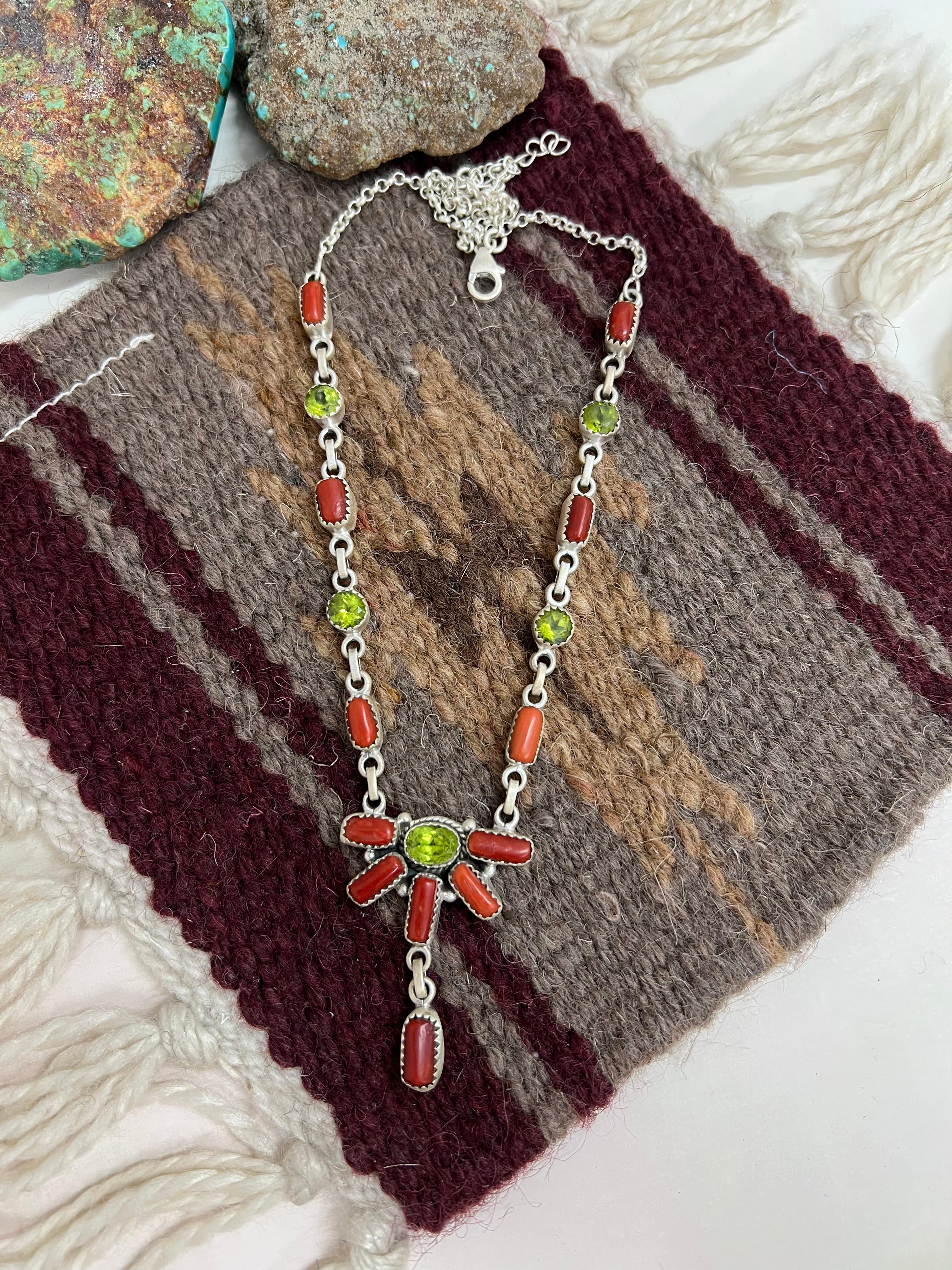 Christmas Collection Handmade Sterling Silver Coral with Peridot Necklace with Signed Nizhoni