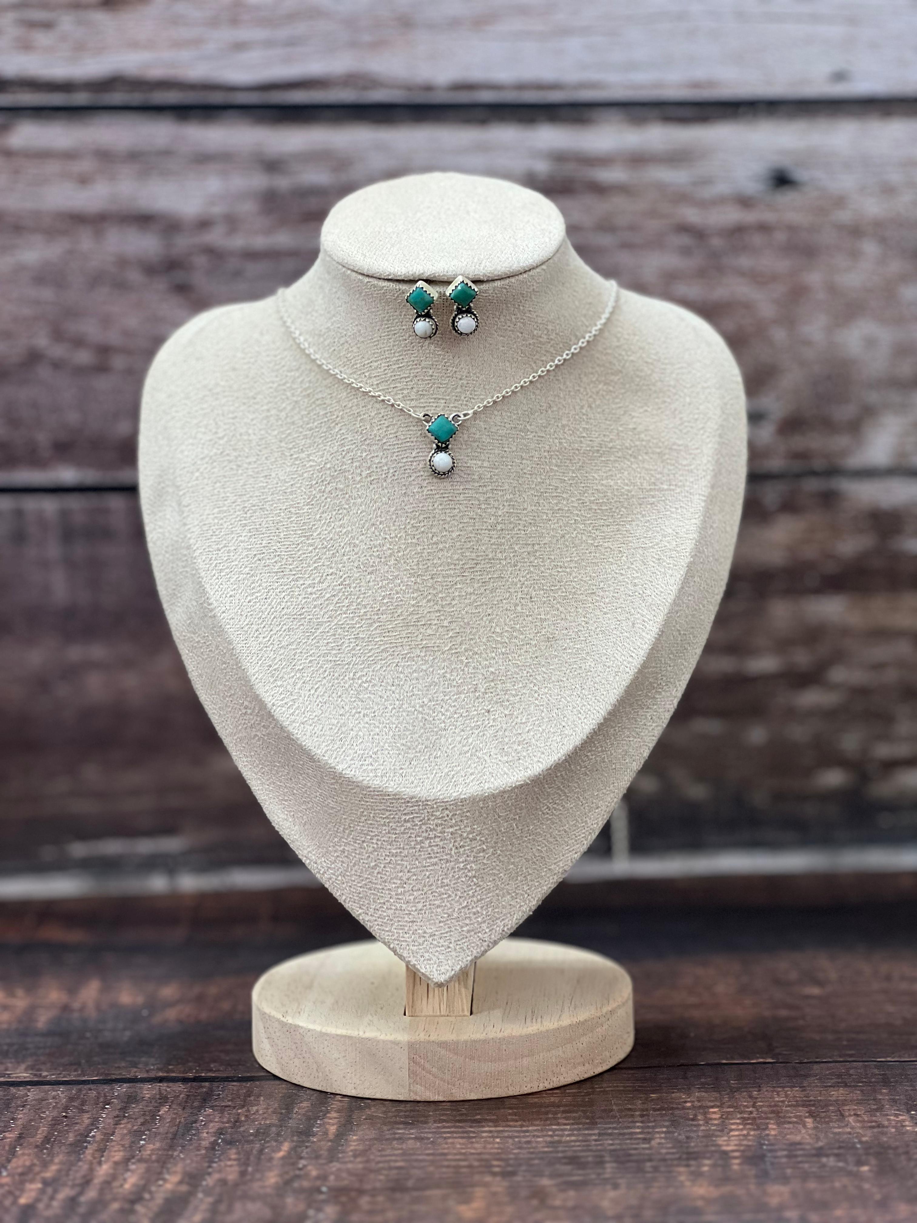 Handmade Sterling Silver Kingman with White Buffalo Necklace Earrings Set with Signed Nizhoni