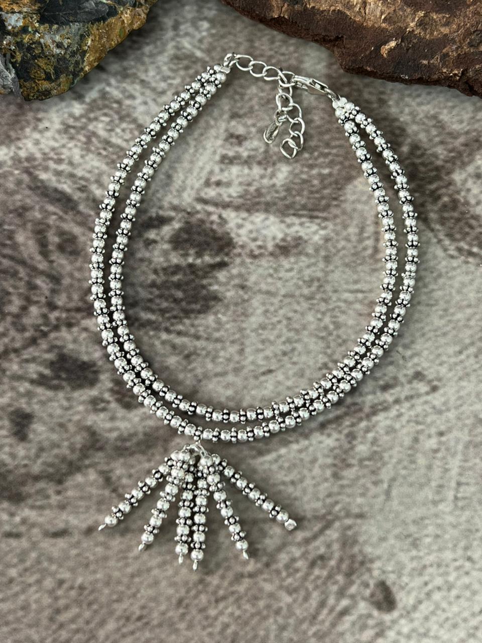 Handmade Sterling Silver Double Strand Beaded Anklet "Signed Nizhoni"
