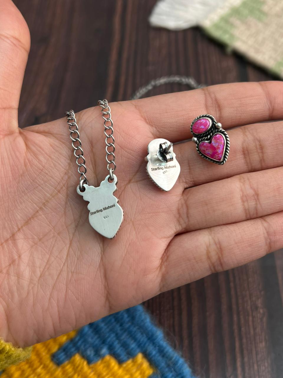 Handmade Sterling Silver Hot Pink Necklace Earrings Set "Signed Nizhoni"
