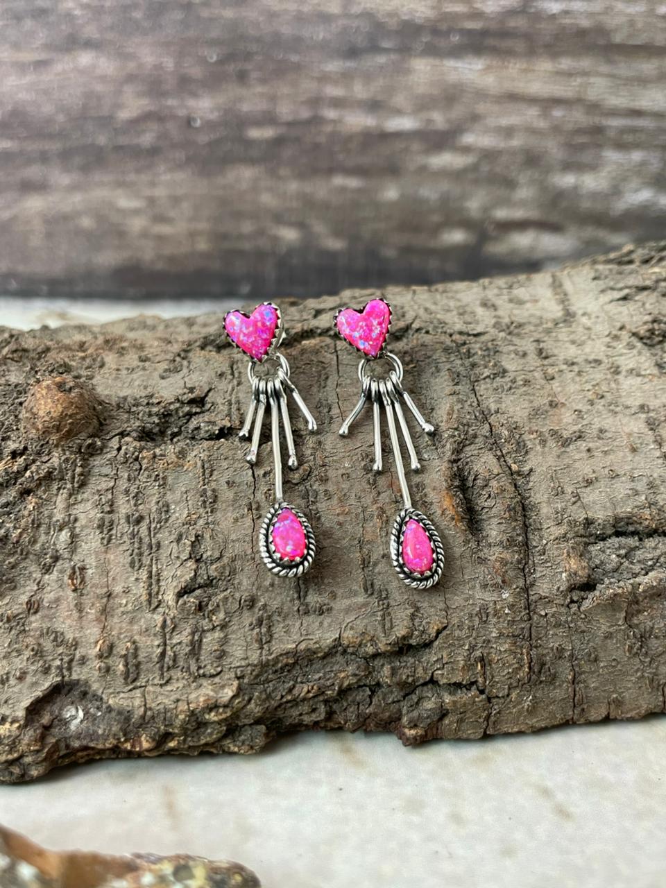 "Heart Collection" Handmade Sterling Silver Hot Pink Post Dangle Earrings "Signed Nizhoni"