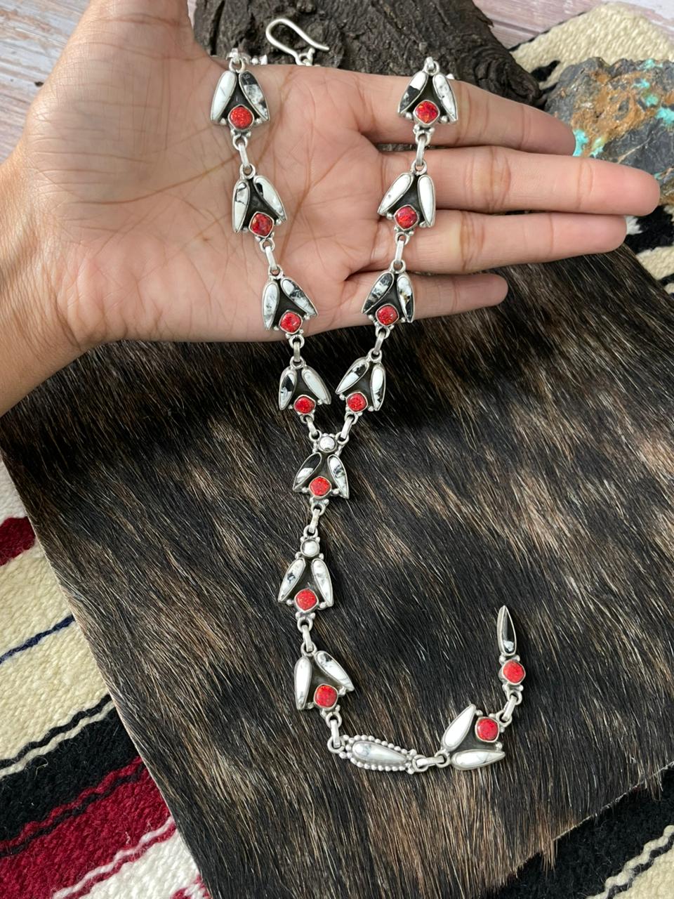 Handmade Sterling Silver White Buffalo with Red Opal Necklace "Signed Nizhoni"