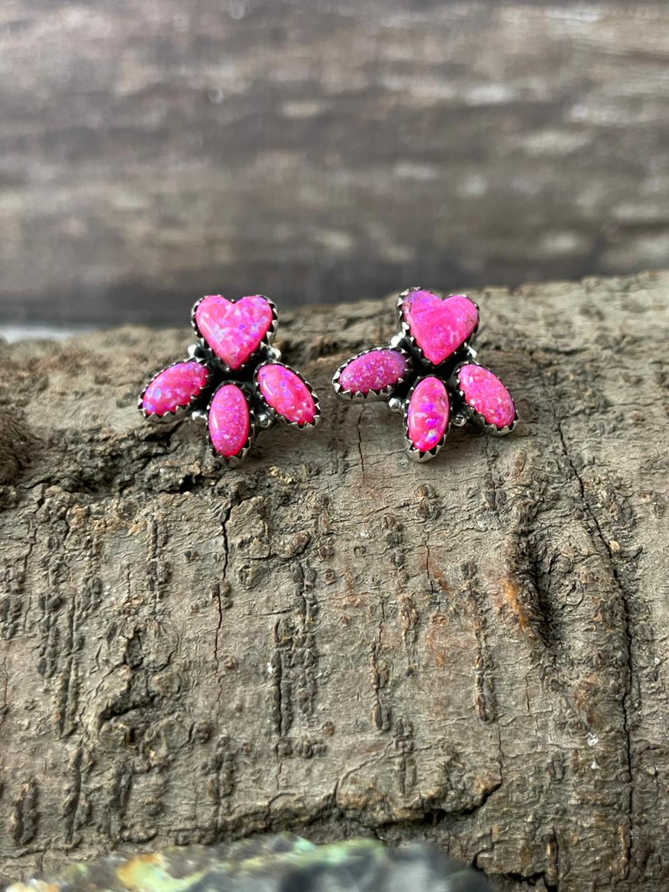 "Heart Collection" Handmade Sterling Silver Hot Pink Post Studs Earrings "Signed Nizhoni"