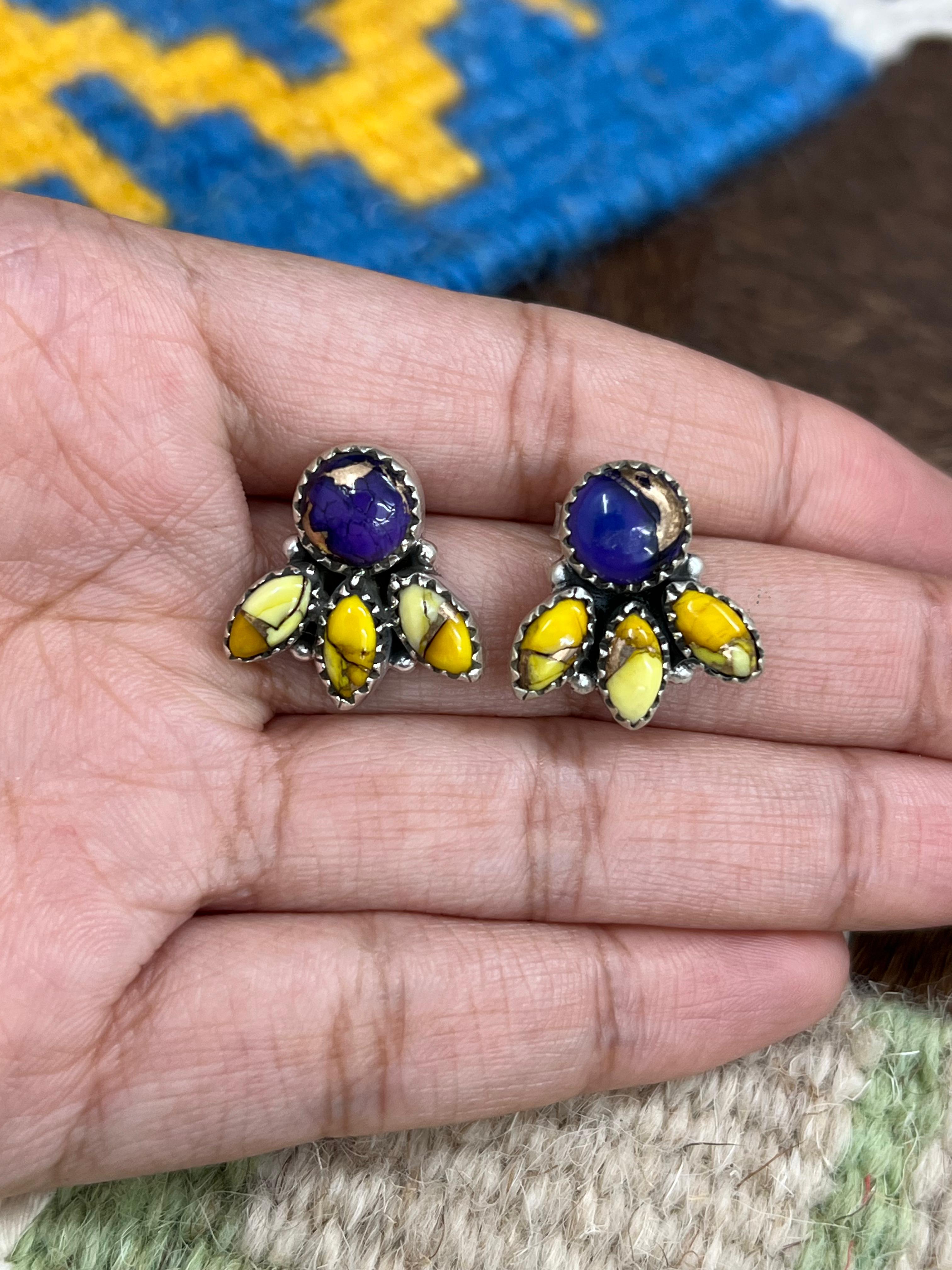 Handmade Sterling Silver Grape Dahlia With Honey Dahlia Post Studs with Signed Nizhoni