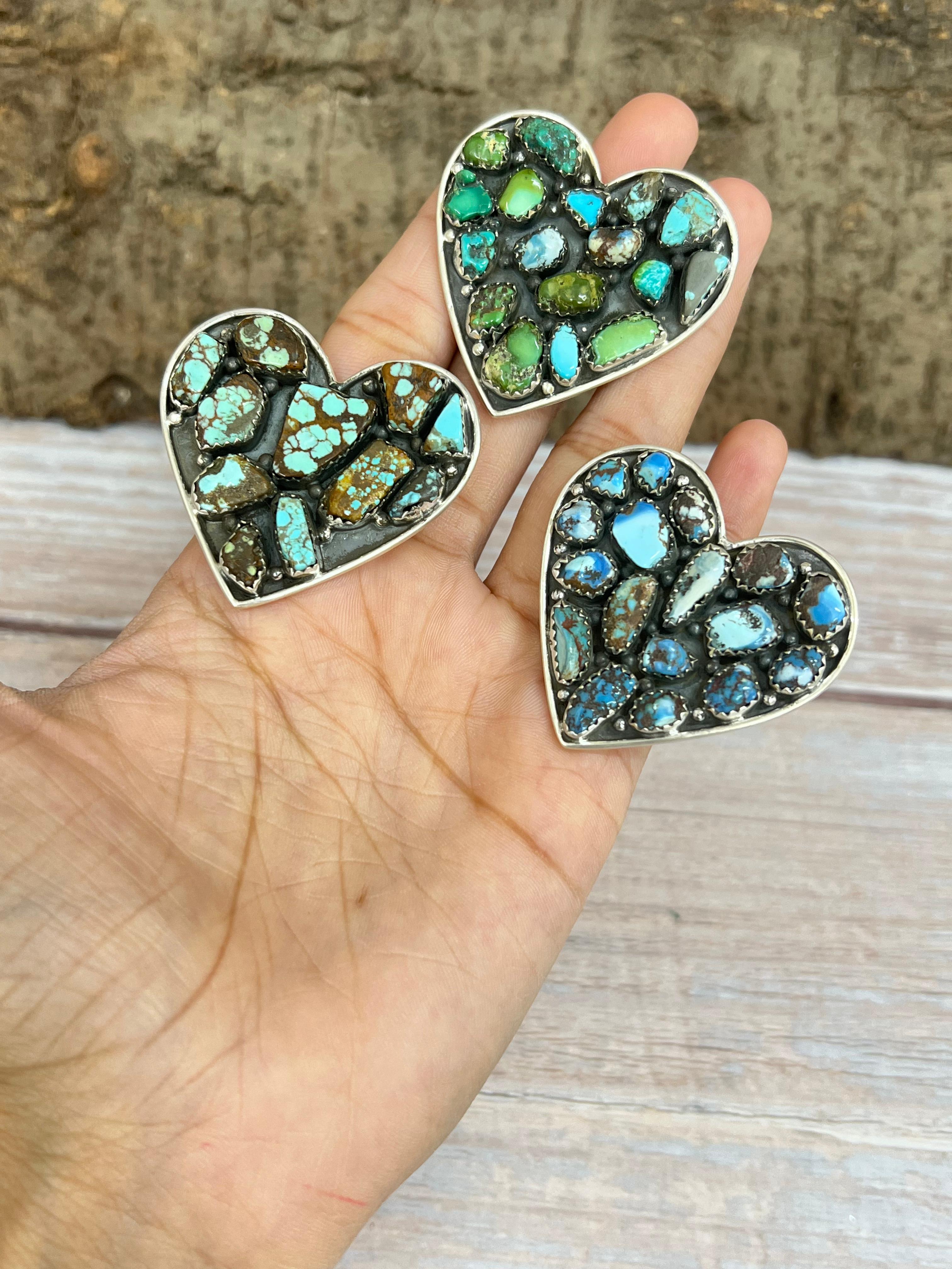 Handmade Sterling Silver Golden Hills, Number 8, Sonoran Mountain Turquoise Heart Adjustable Ring with Signed Nizhoni