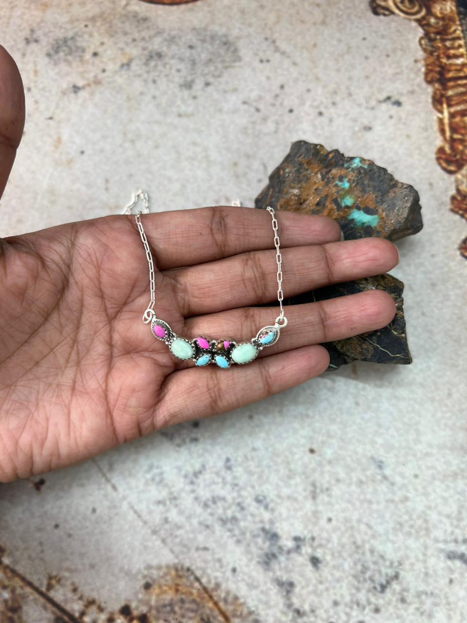 Handmade Sterling Silver Paloma with Cotton Candy Necklace "Signed Nizhoni"