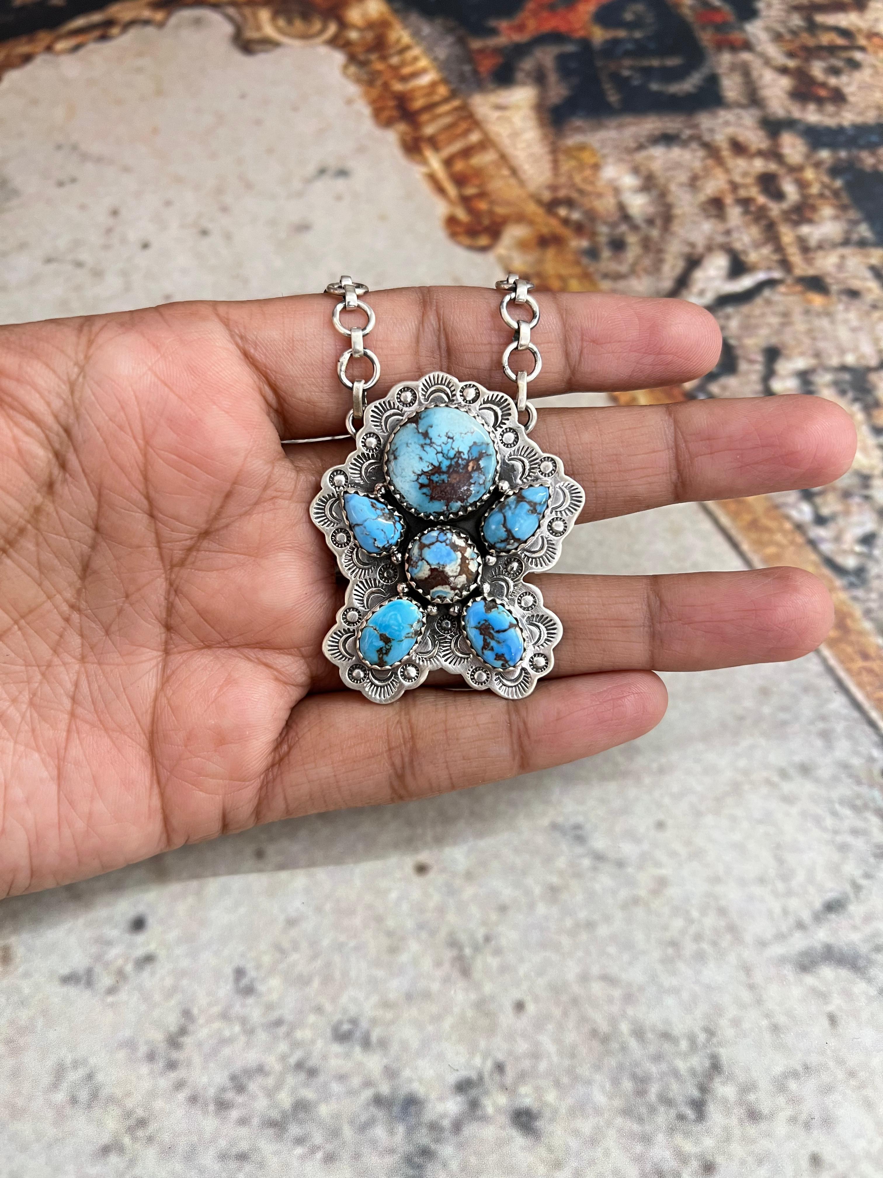 Handmade Sterling Silver Golden Hills Turquoise Necklace with Signed Nizhoni