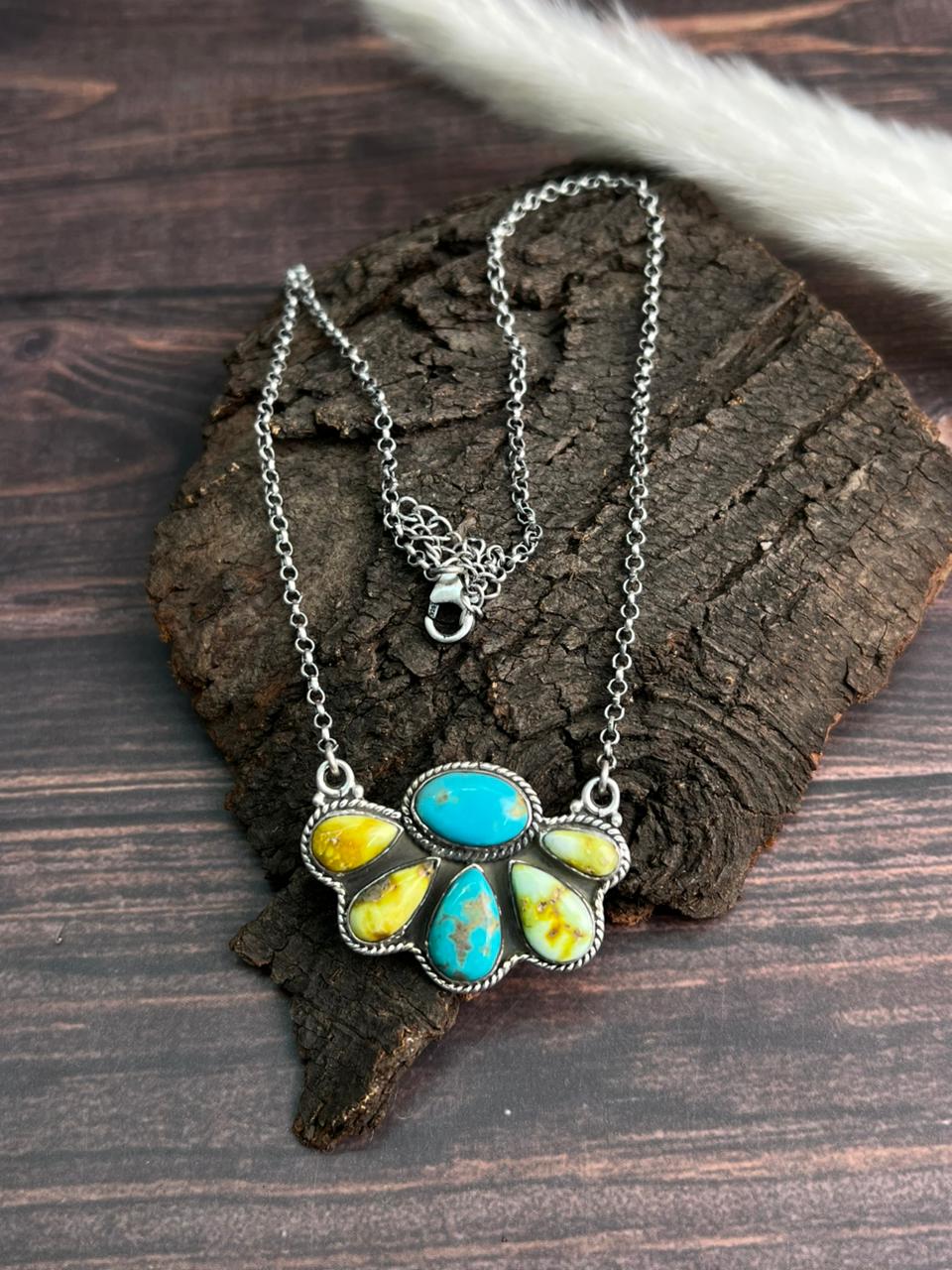 Handmade Sterling Silver Santa Maria with Palomino Turquoise Necklace "Signed Nizhoni"