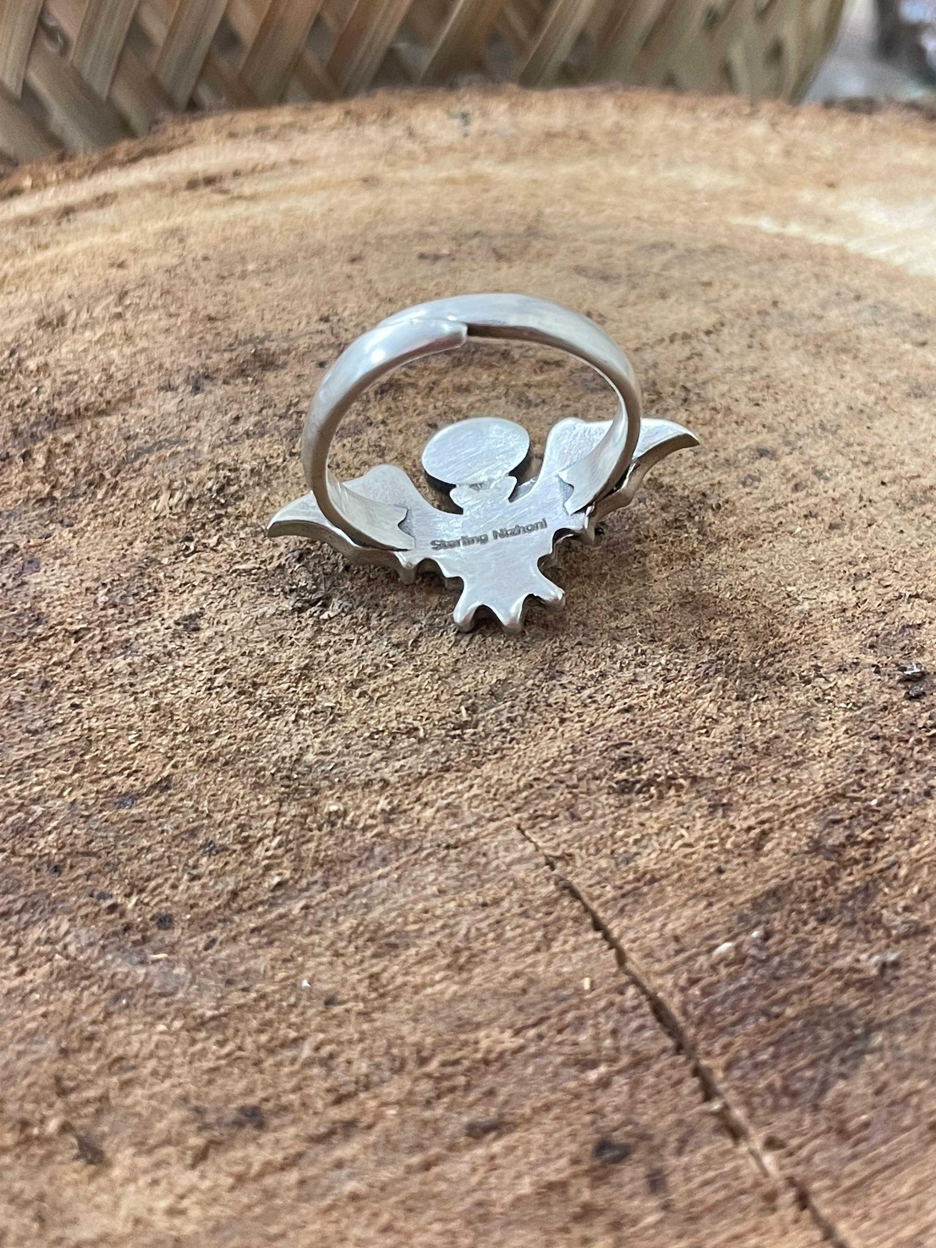 "Halloween Collection" Handmade Sterling Silver Black Onyx Bat Ring with Signed Nizhoni