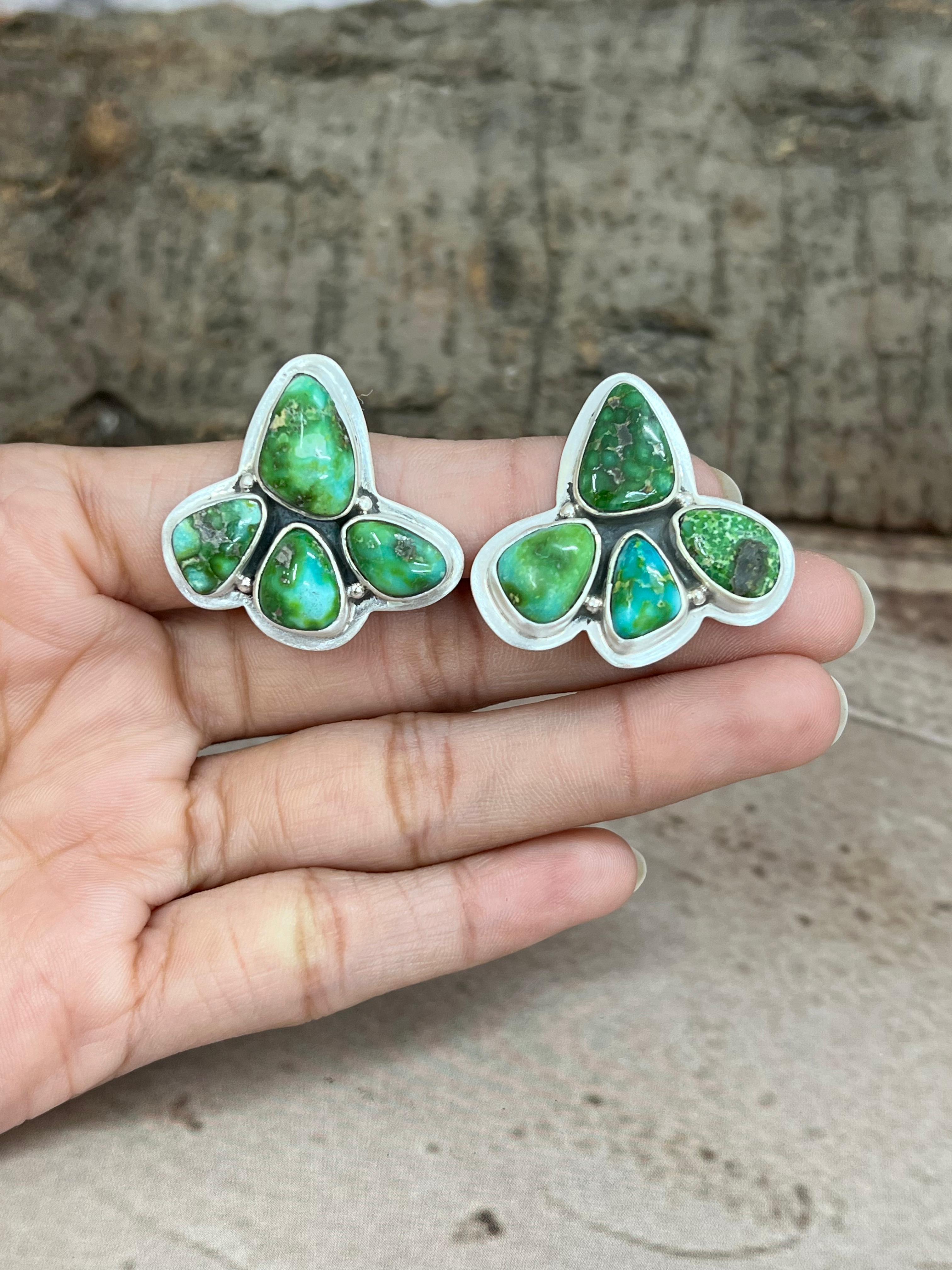 Handmade Sterling Silver Sonoran Mountain Turquoise Post Earrings with Signed Nizhoni