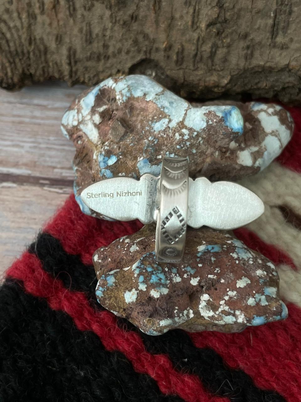 Handmade Sterling Silver Dahlia Rose With Emerald Valley Turquoise Ring "Signed Nizhoni"