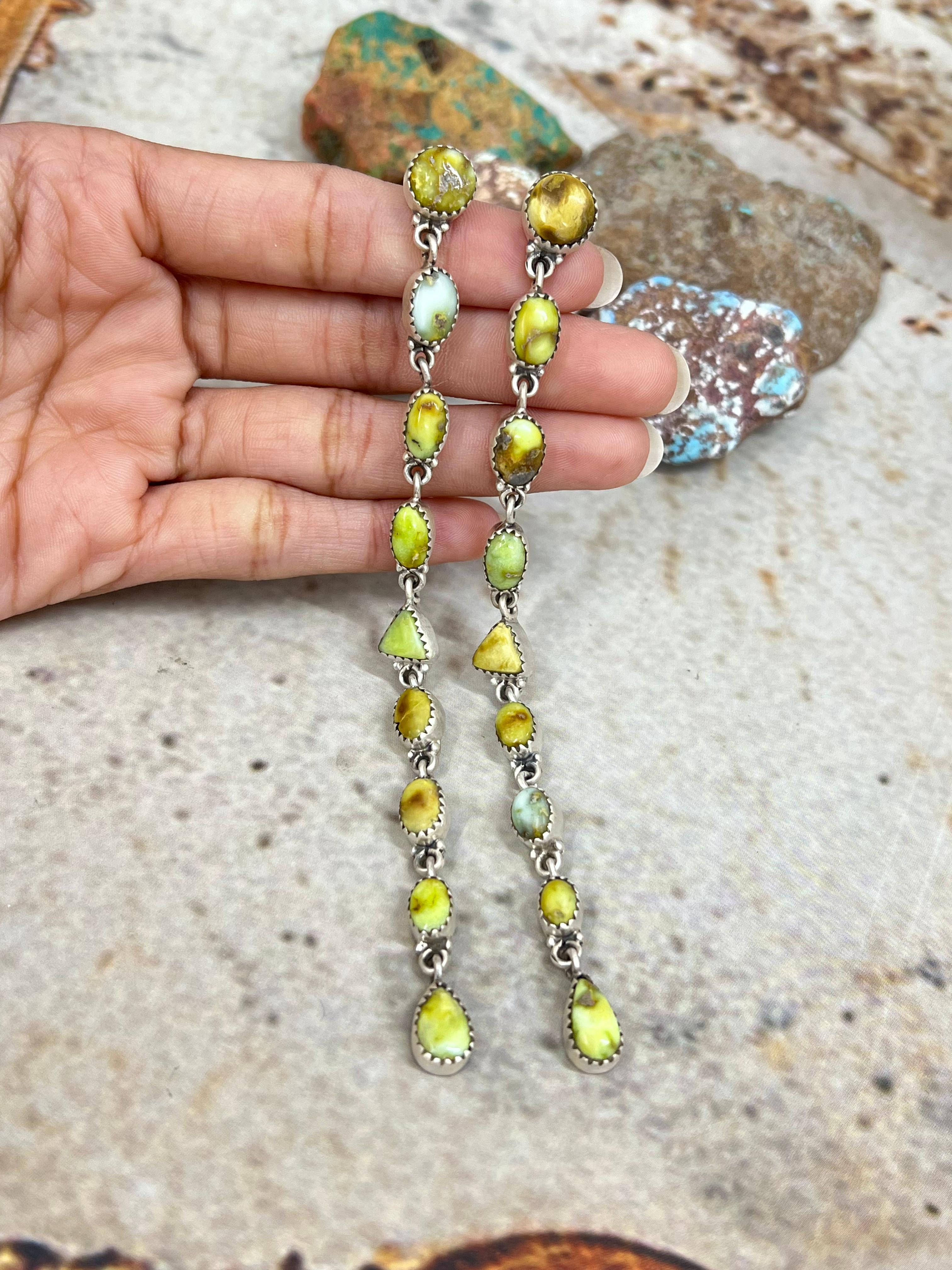 Handmade Sterling Silver Palomino Turquoise Post Dangle Earrings with Signed Nizhoni