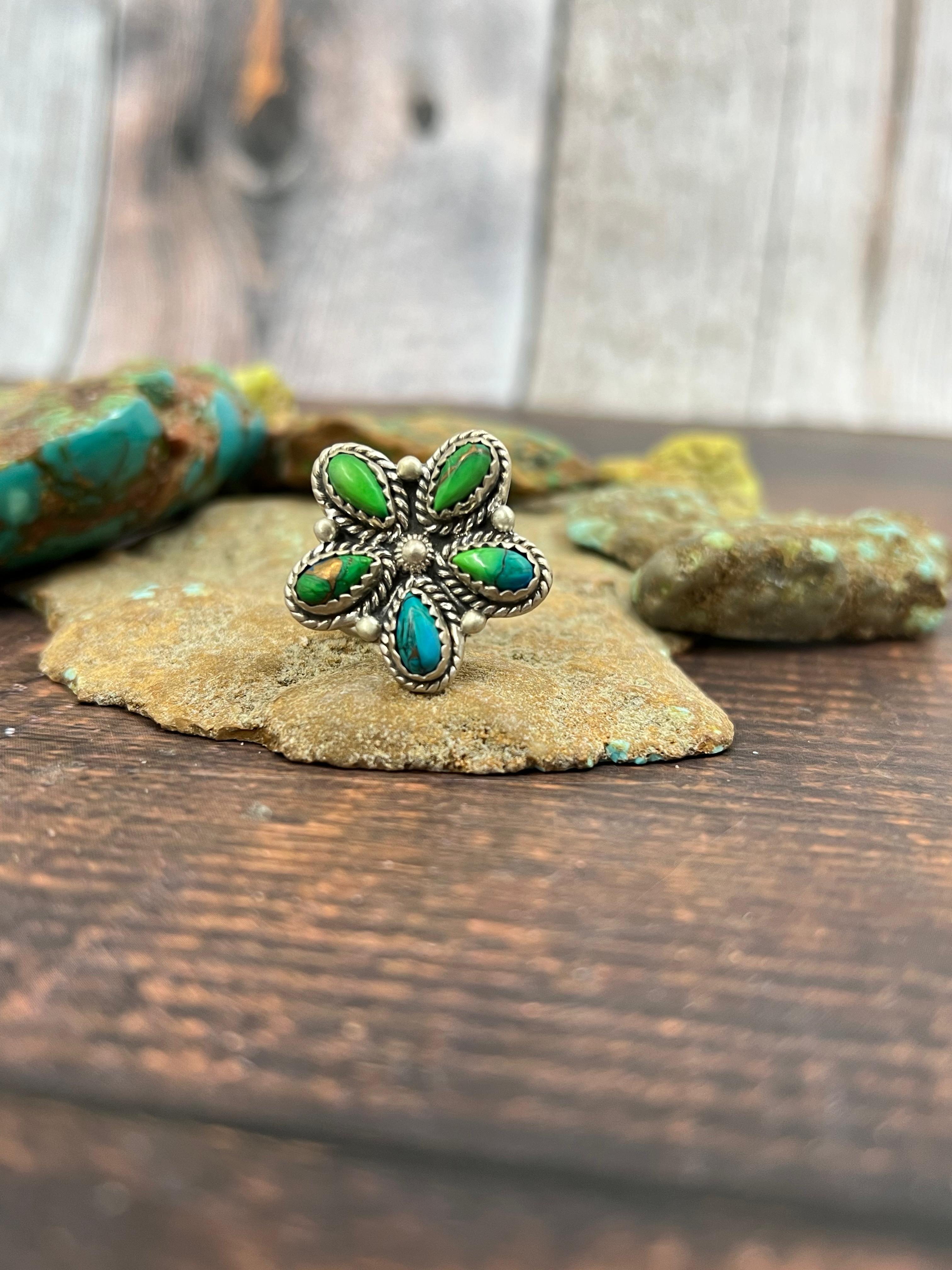 Handmade Sterling Silver Peacock Dahlia Adjustable Ring with Signed Nizhoni