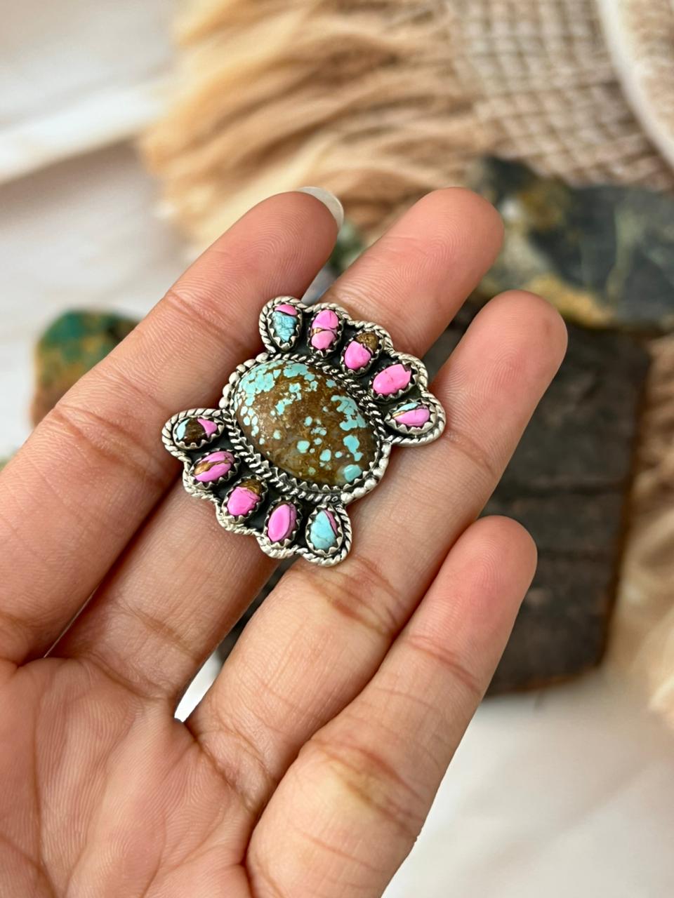 Handmade Sterling Silver Number 8 with Cotton Candy Adjustable Ring "Signed Nizhoni"