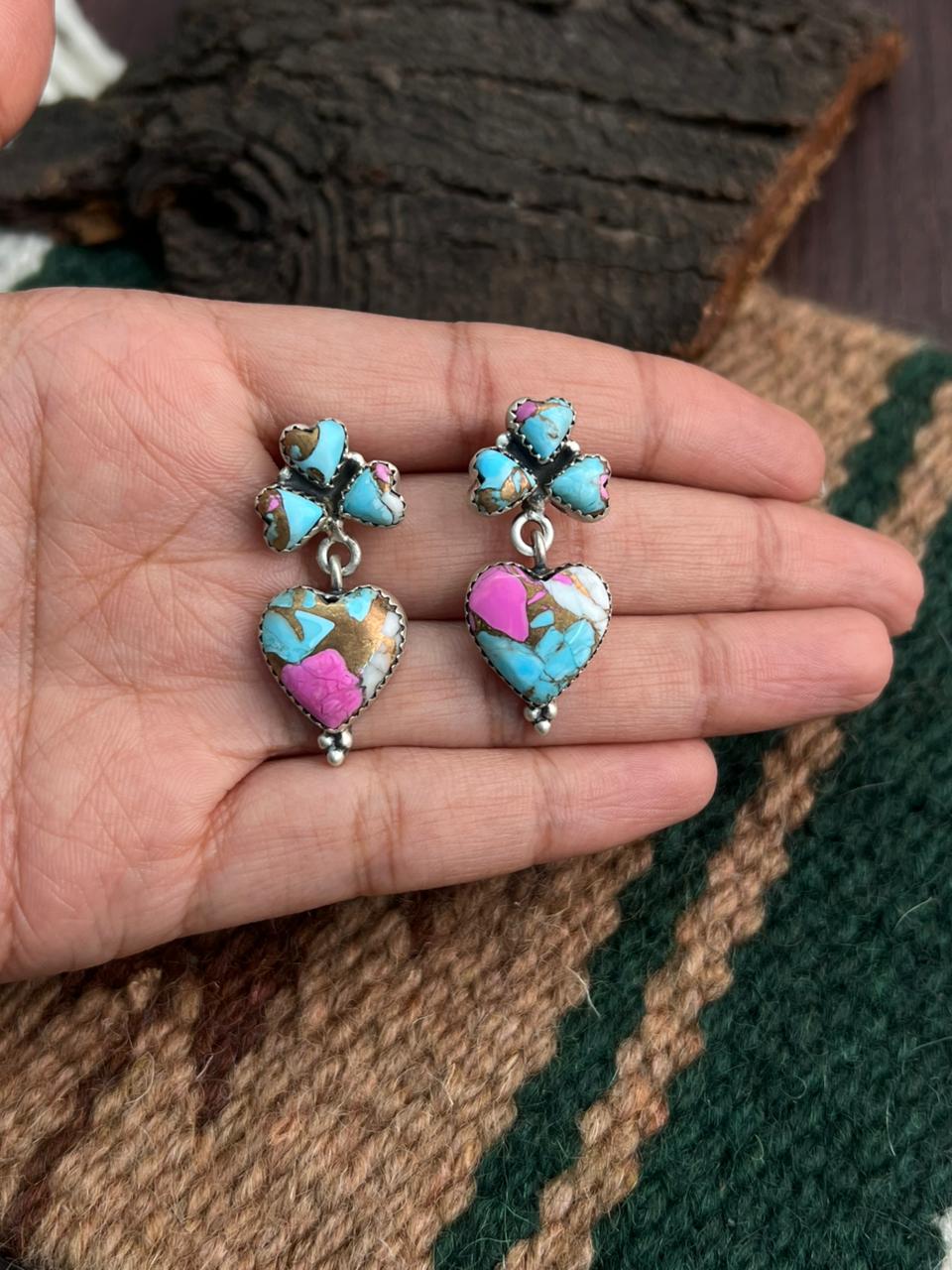 "Heart Collection" Handmade Sterling Silver Cotton Candy Post Dangle Earrings "Signed Nizhoni"