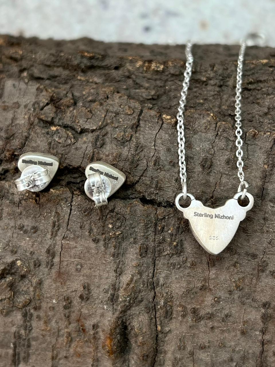 Handmade Sterling Silver Hot Pink Heart Necklace Earrings Set "Signed Nizhoni"