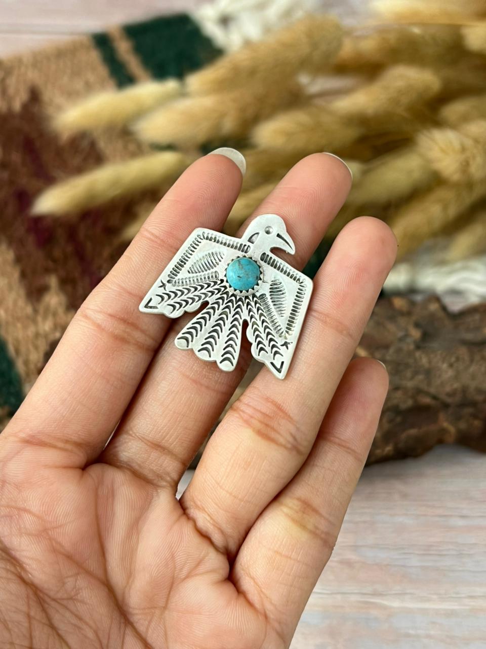 Handmade Sterling Silver Kingman Turquoise Thunder Bird Adjustable Ring "Signed Nizhoni"