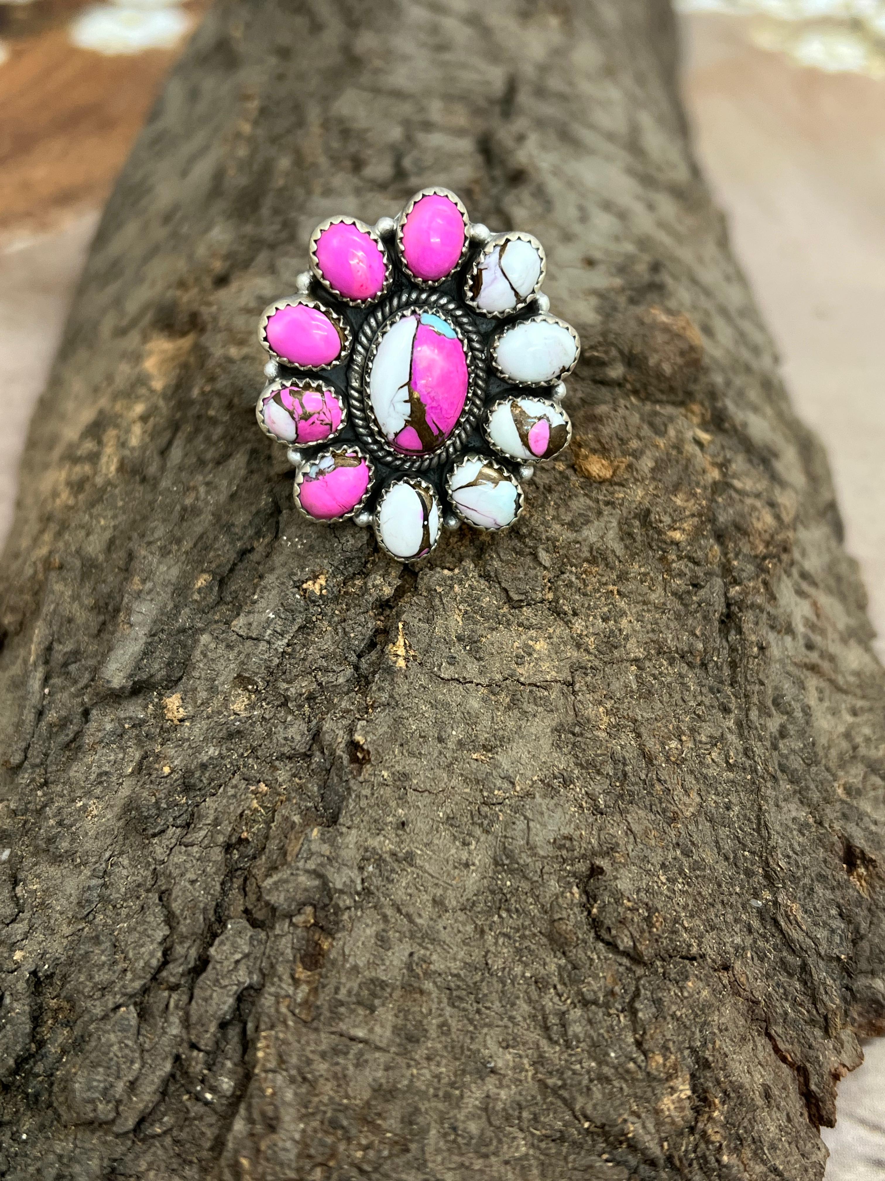 Handmade Sterling Silver Cotton Candy Turquoise Adjustable Rings with Signed Nizhoni