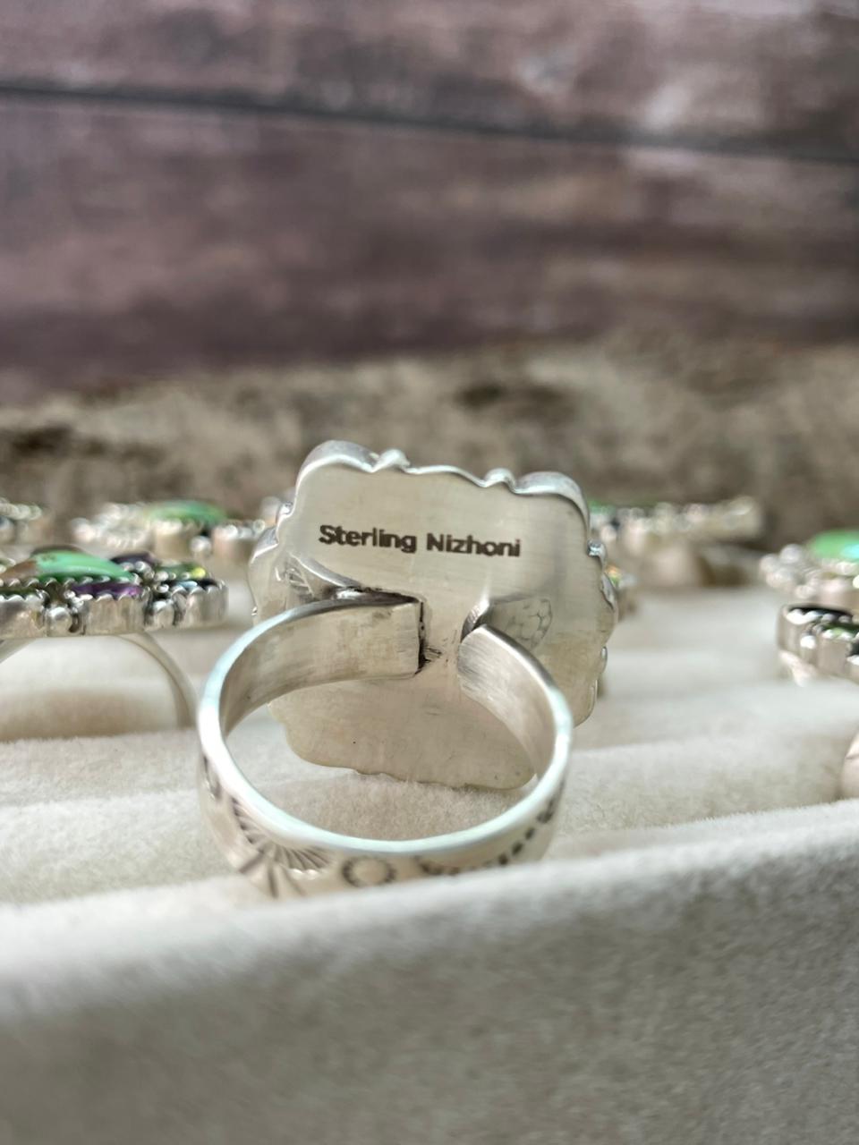 Handmade Sterling Silver Sonoran with Cut Stones Adjustable Ring "Signed Nizhoni"