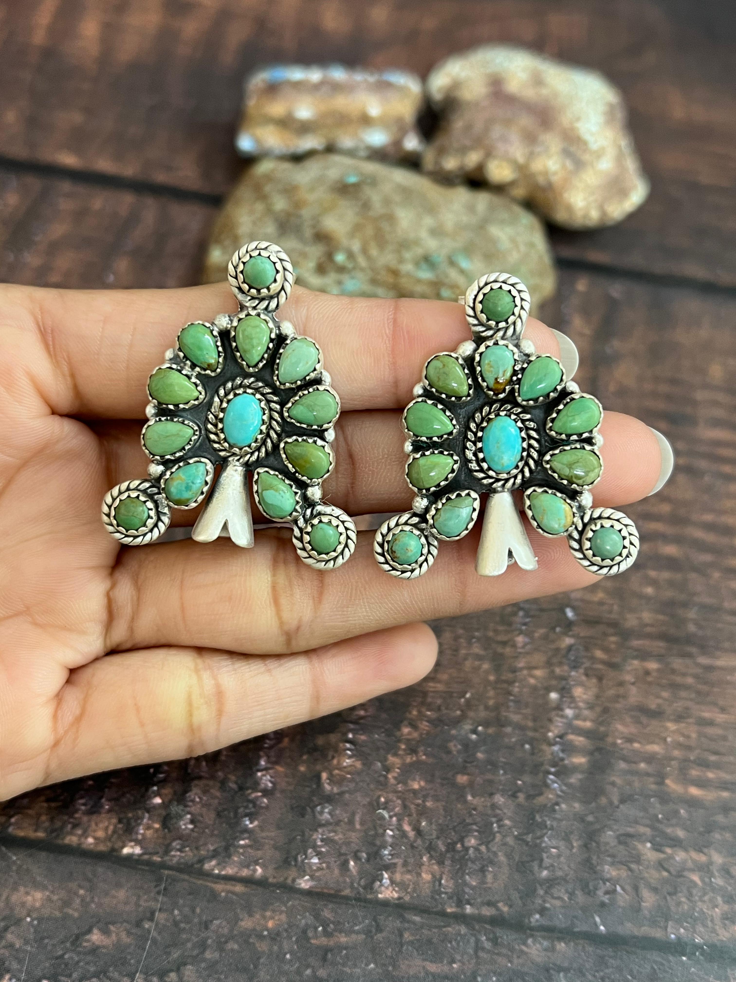 Handmade Sterling Silver Kingman Turquoise Blossom Earrings with Signed Nizhoni