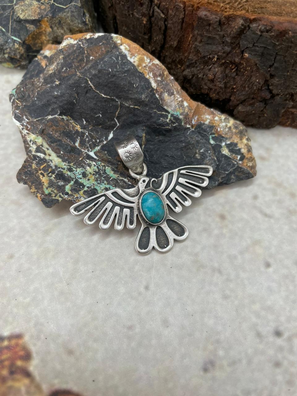 Handmade Sterling Silver Kingman Turquoise Thunder Bird Pendant "Signed Nizhoni"