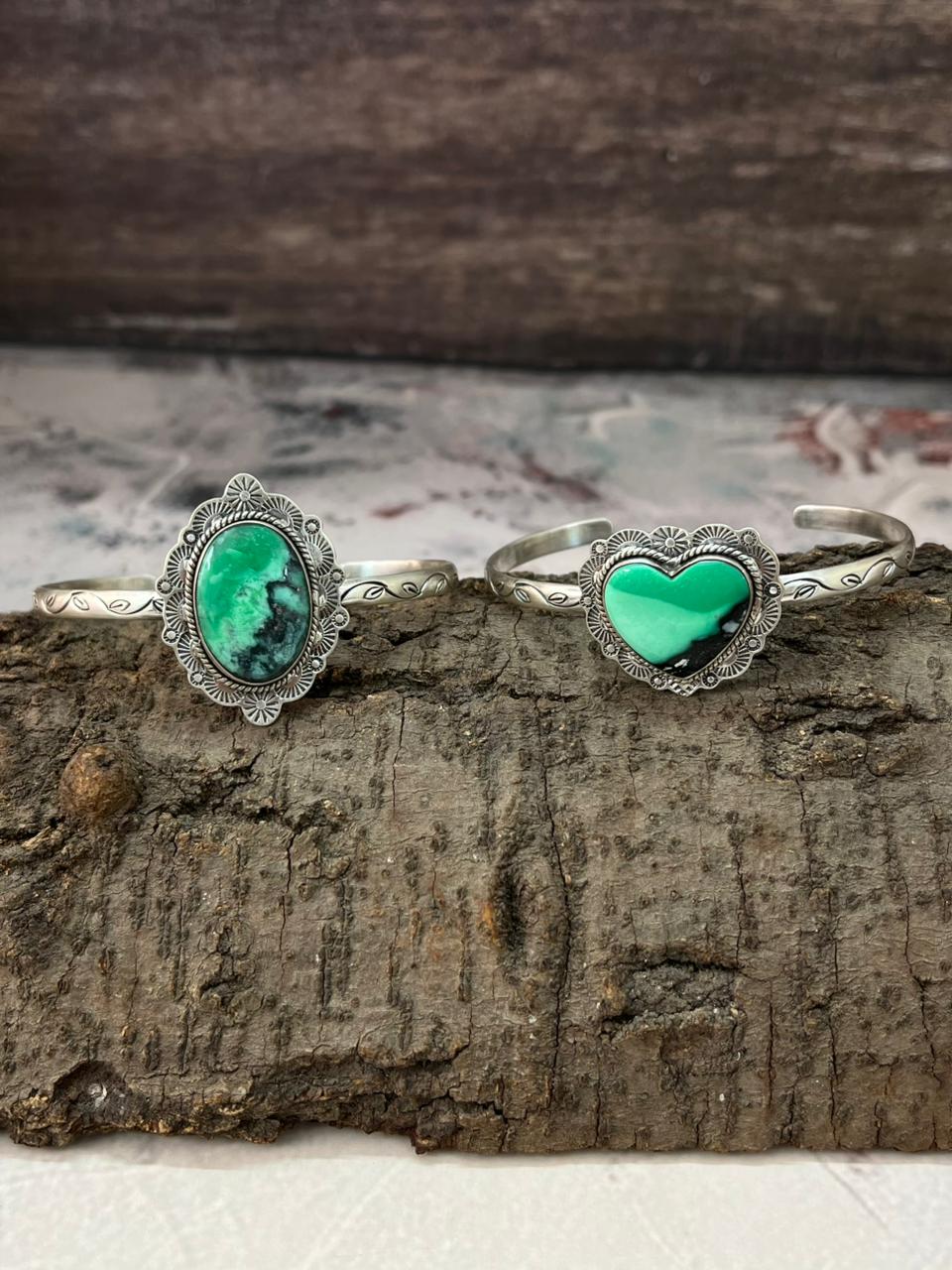 Handmade Sterling Silver Emerald Rose Cuff Bracelet "Signed Nizhoni"