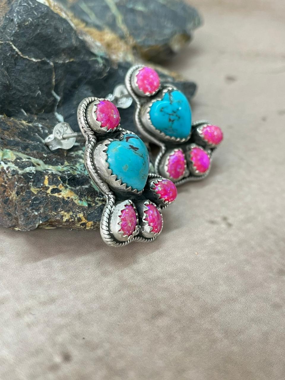 Handmade Sterling Silver Arizona Blue Turquoise with Hot Pink Post Studs Earrings "Signed Nizhoni"