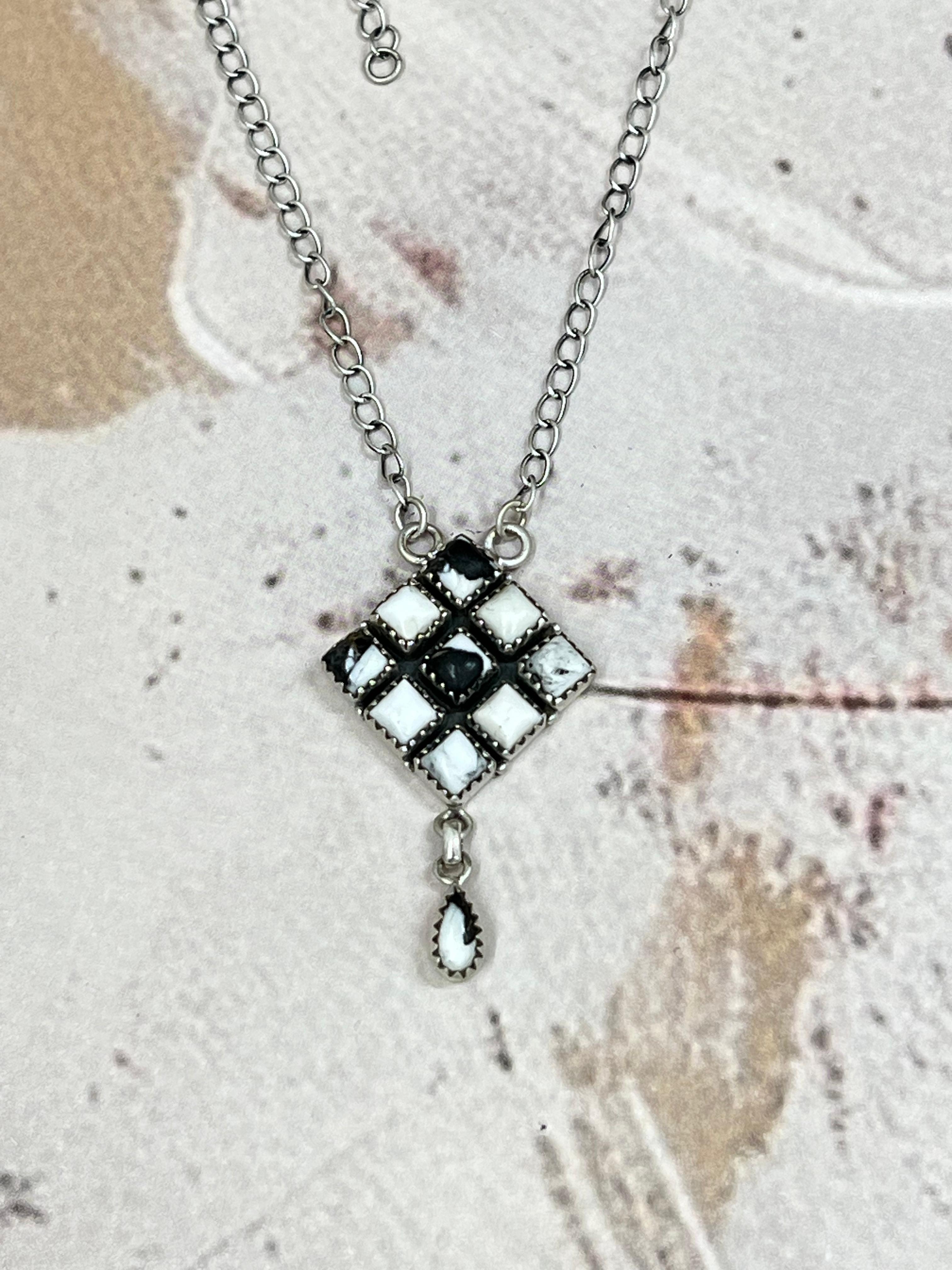 Handmade Sterling Silver White Buffalo Turquoise Necklace with Signed Nizhoni