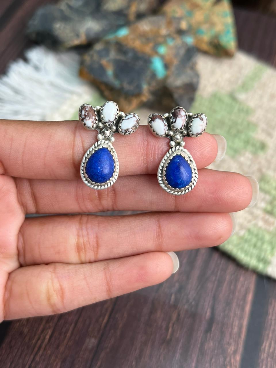 Handmade Sterling Silver Lapis with Wildhorse Magnesite Post Studs Earrings "Signed Nizhoni"