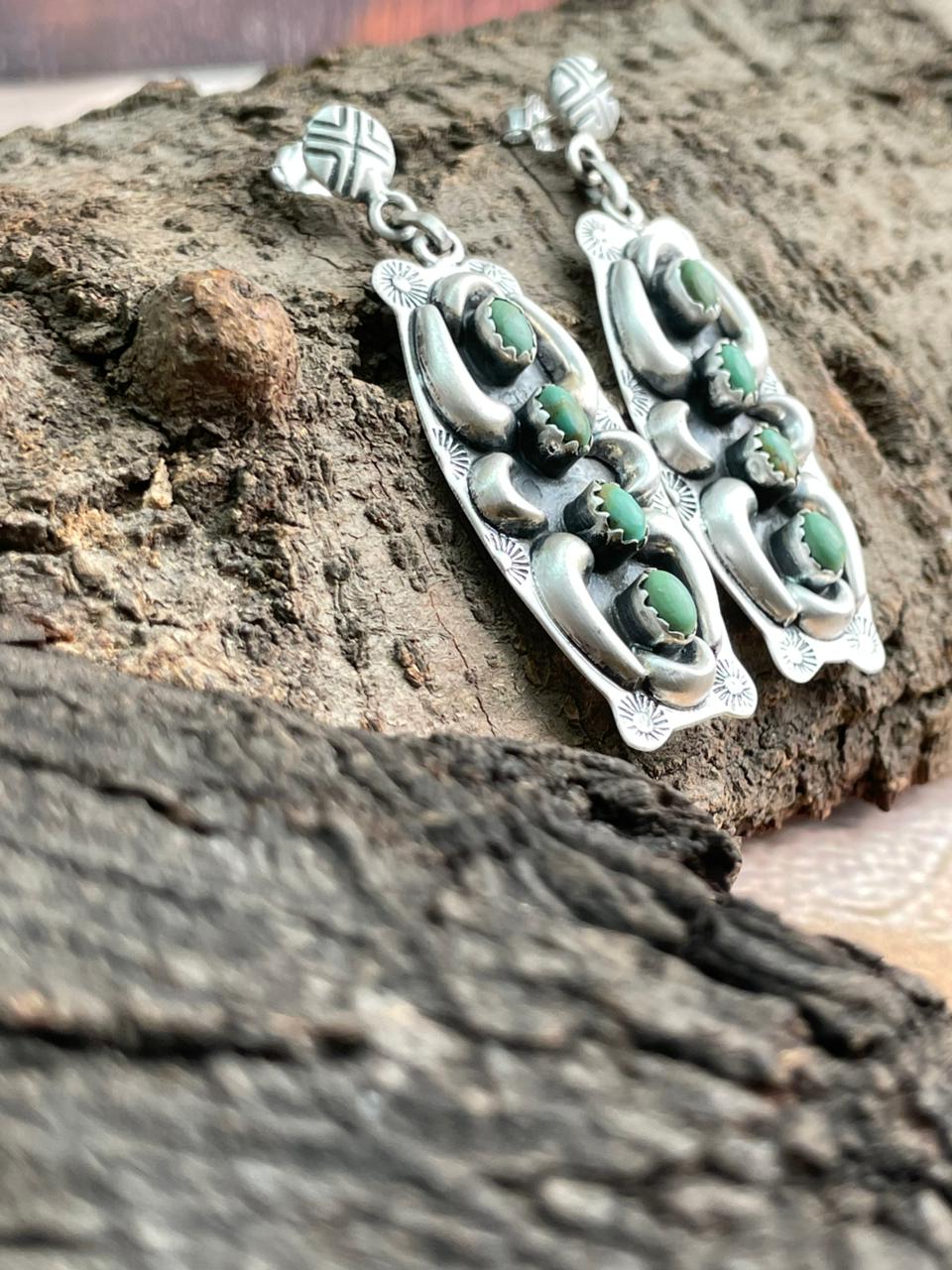 Handmade Sterling Silver Kingman Turquoise Post Dangle Earrings "Signed Nizhoni"