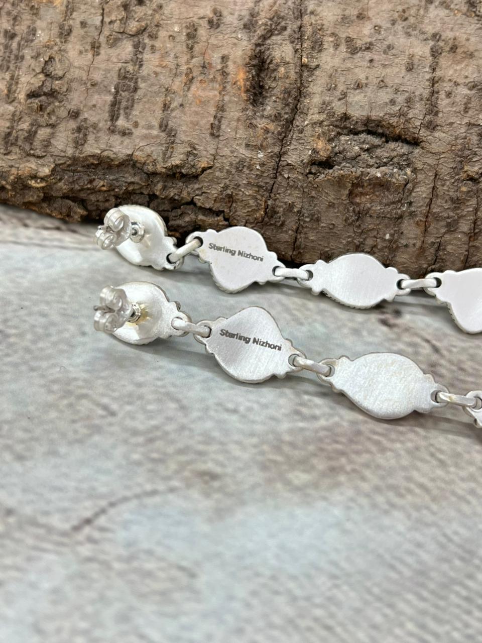 Handmade Sterling Silver Kingman Turquoise Post Dangle Earrings with Signed Nizhoni