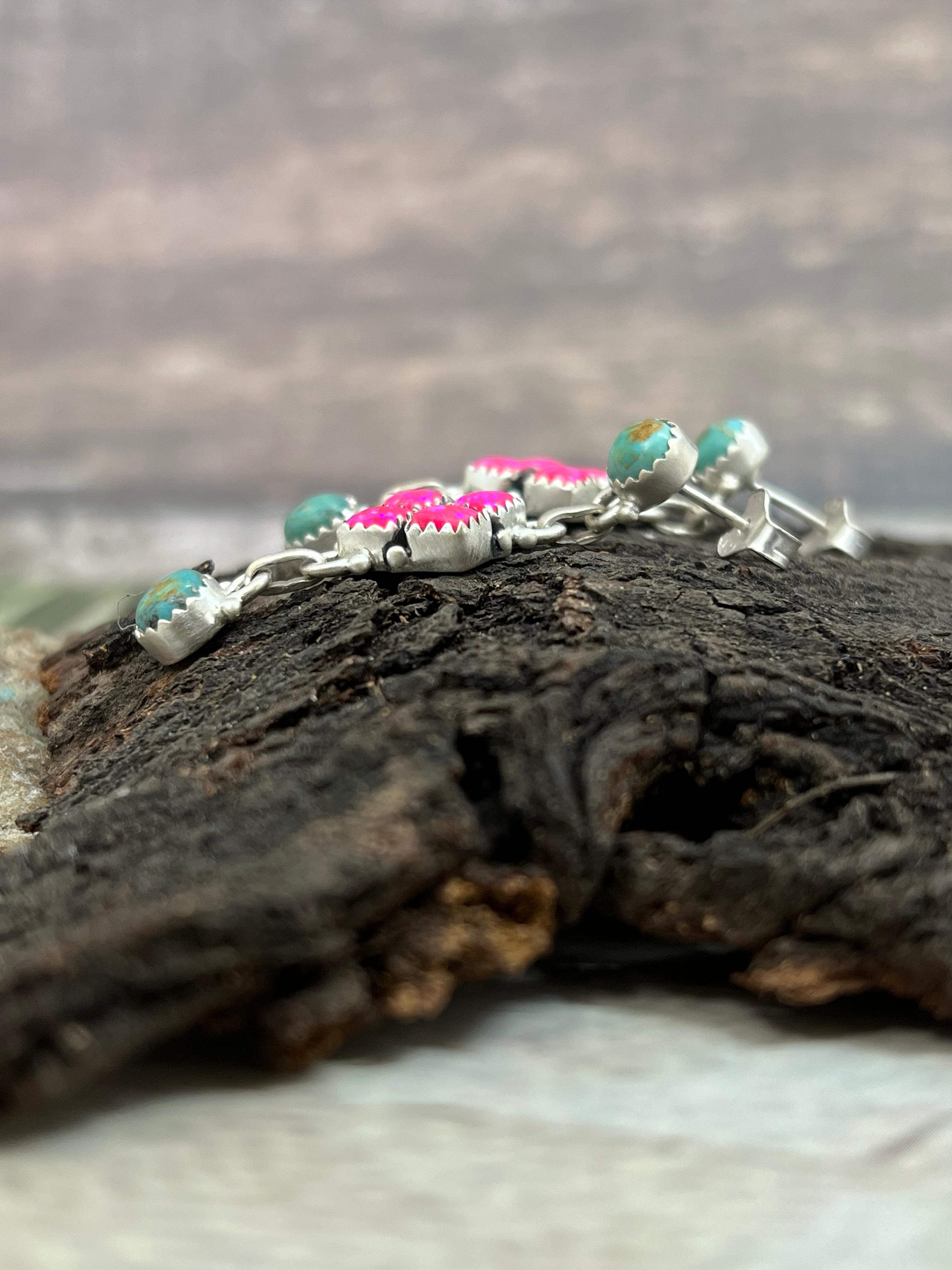 Handmade Sterling Silver Hot Pink with Kingman Turquoise Post Dangle Earrings, Signed Nizhoni (5)