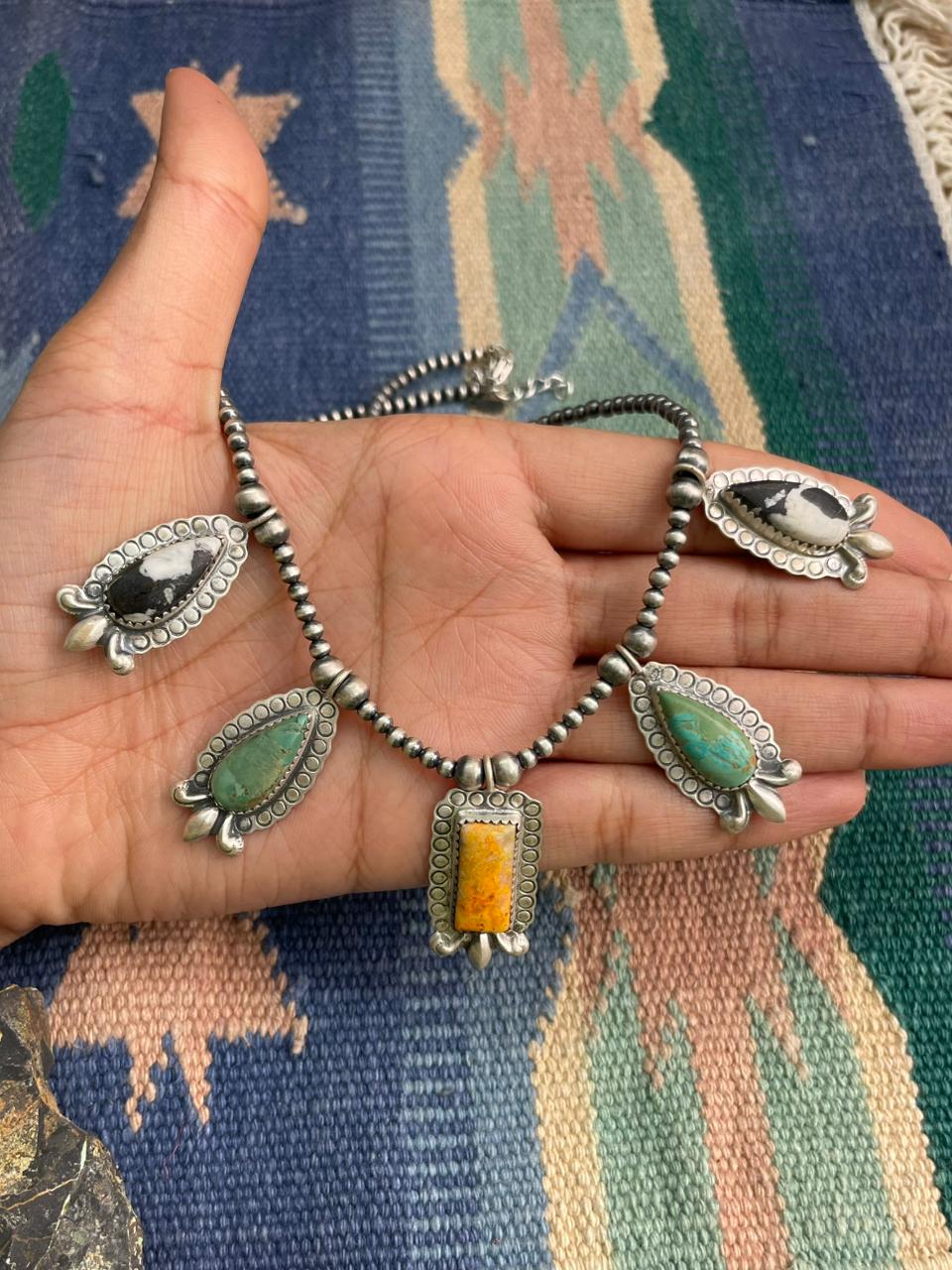 Handmade Sterling Silver Beaded Bumblebee with Kingman, White Buffalo Necklace "Signed Nizhoni"