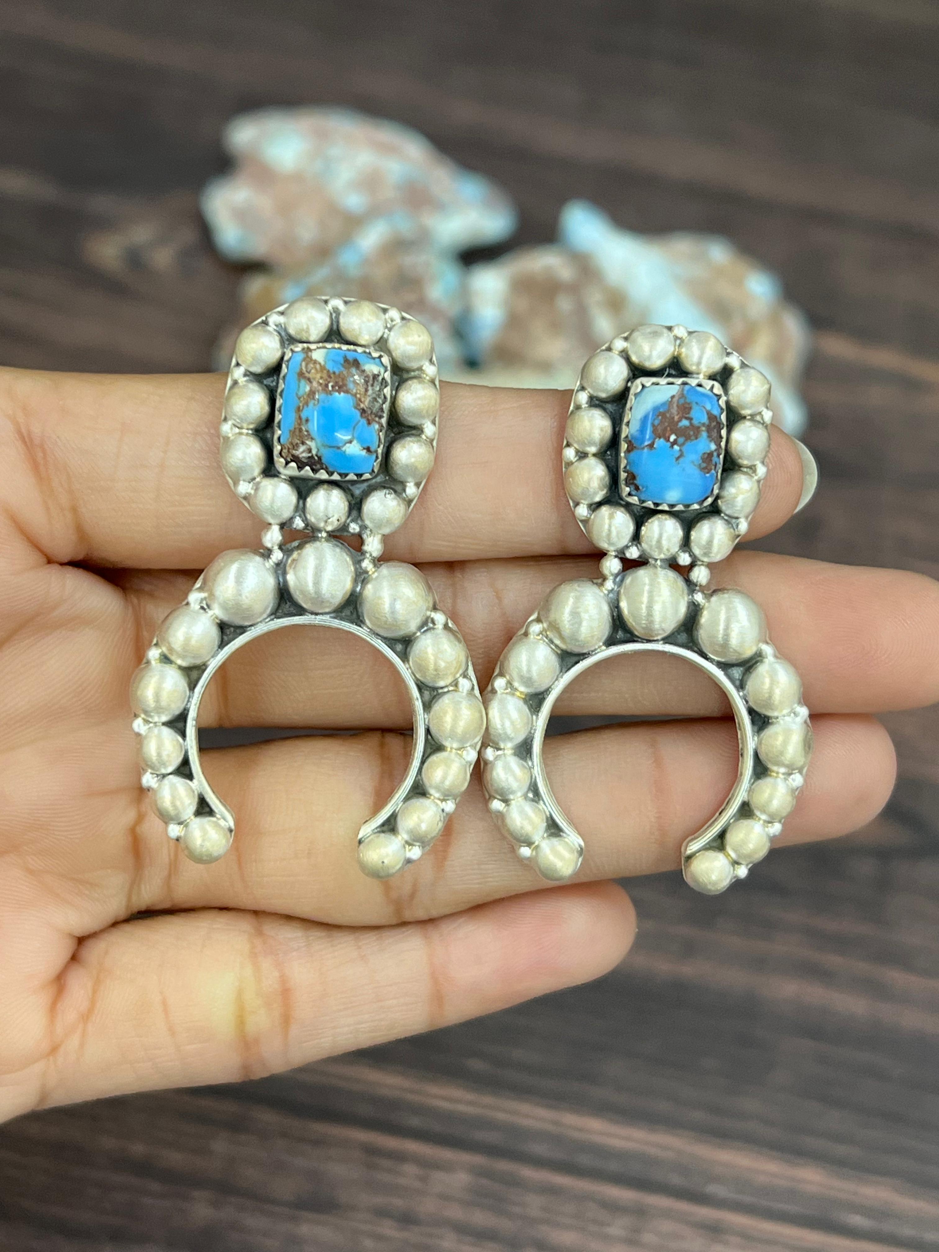 Handmade Sterling Silver Golden Hills Turquoise Post Dangle Earrings with Signed Nizhoni