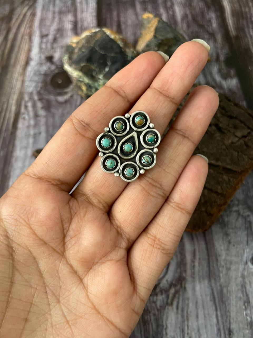 Handmade Sterling Silver Kingman Turquoise Adjustable Ring "Signed Nizhoni"