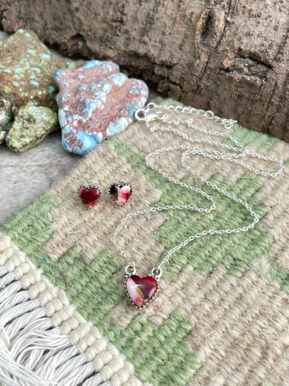 Handmade Sterling Silver Dahlia Rose Heart Necklace Earrings Set "Signed Nizhoni"