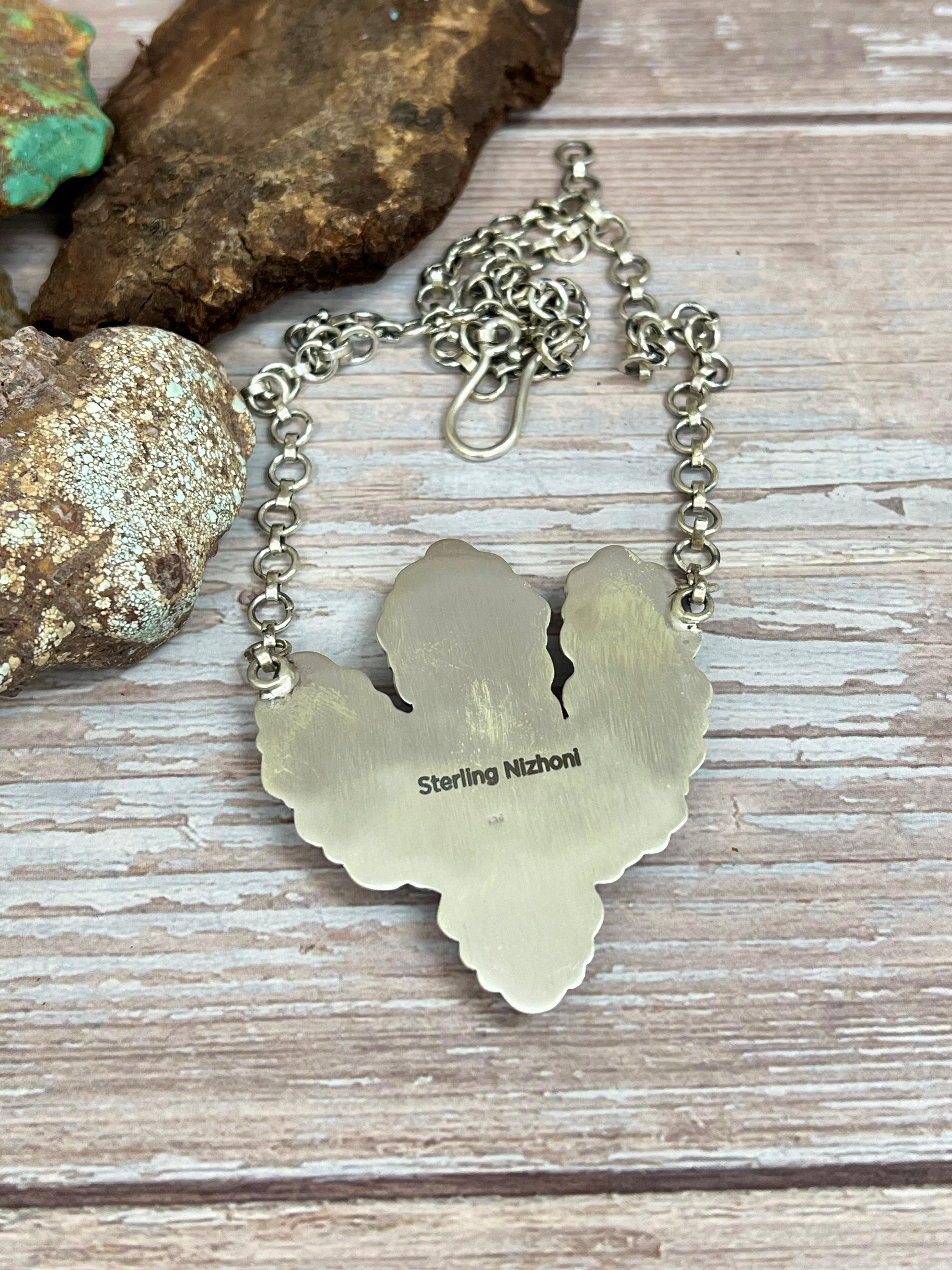 Handmade Sterling Silver Blackjack Turquoise Cactus Necklace with Signed Nizhoni