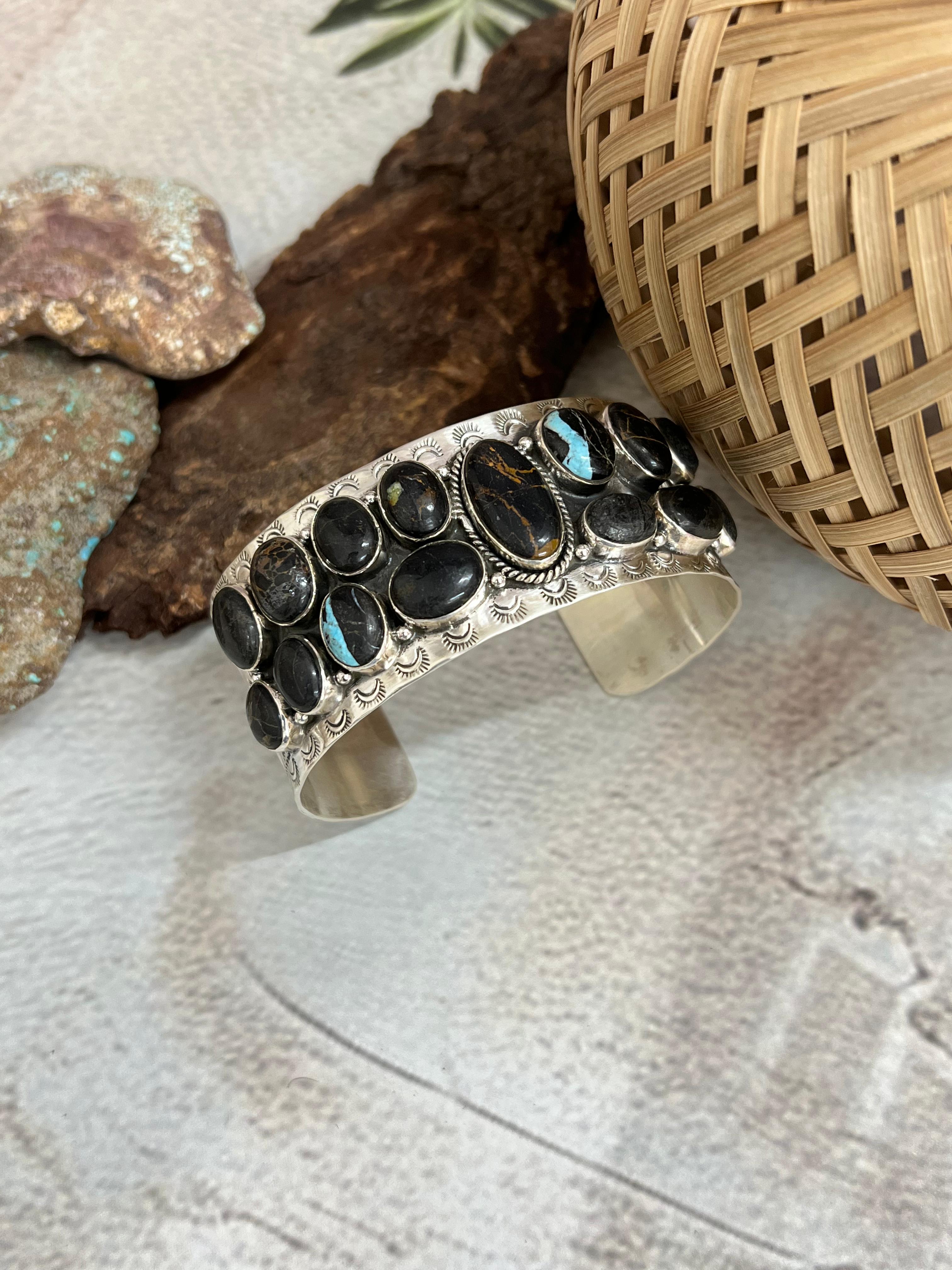 Handmade Sterling Silver Blackjack Turquoise Cuff Bracelet with Signed Nizhoni