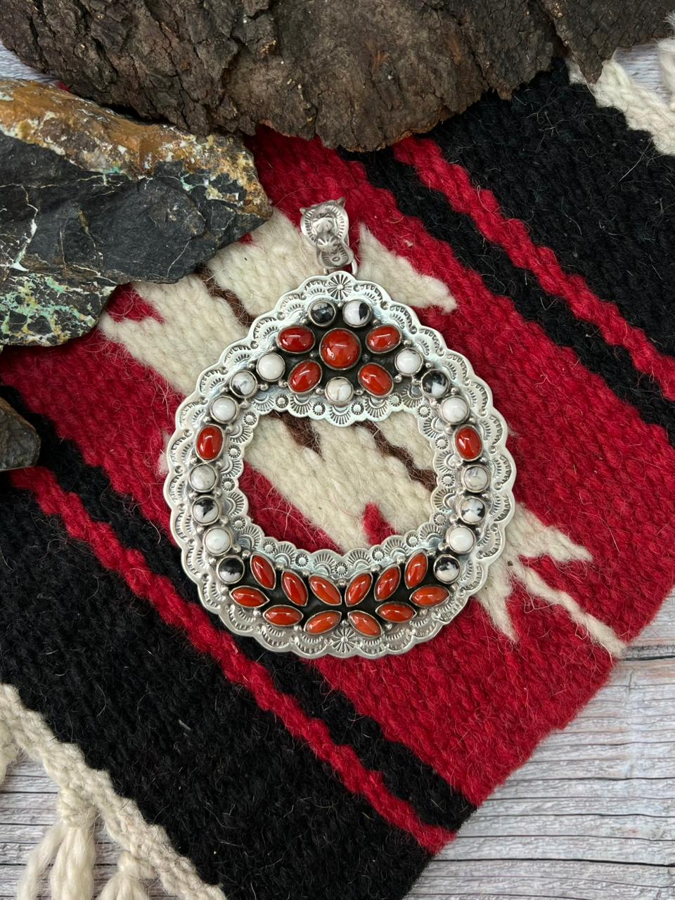 "Christmas Collection" Handmade Sterling Silver White Buffalo with Coral Pendant "Signed Nizhoni"