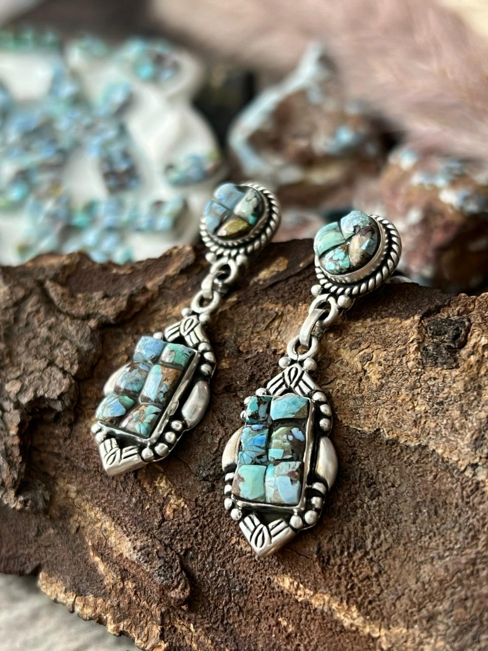 Handmade Sterling Silver Golden Hills Cobble Collection Post Dangle Earrings "Signed Nizhoni"
