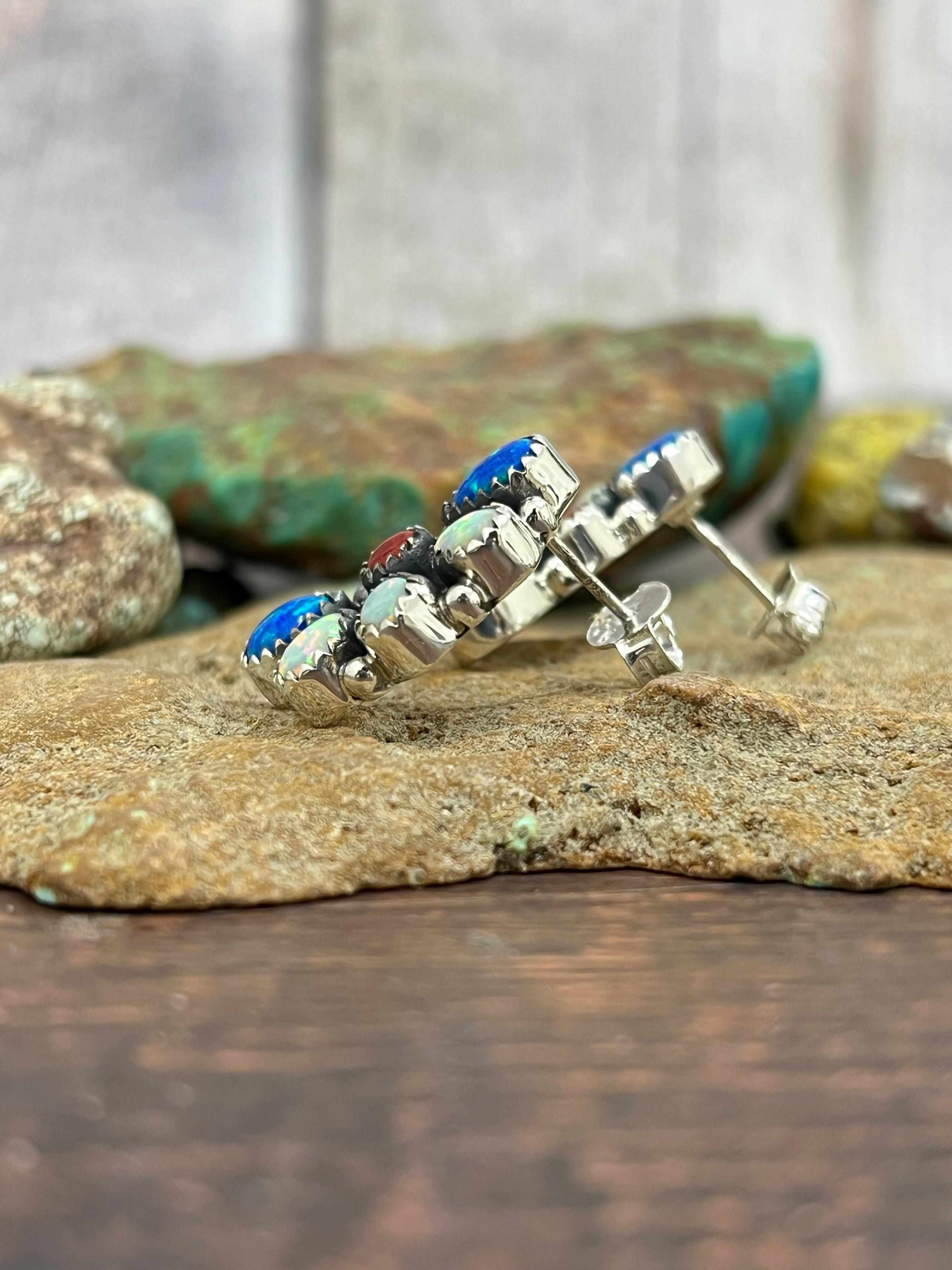 ** 4TH OF JULY ** Handmade Sterling Silver Synthetic Opal Post Earrings with Signed Nizhoni
