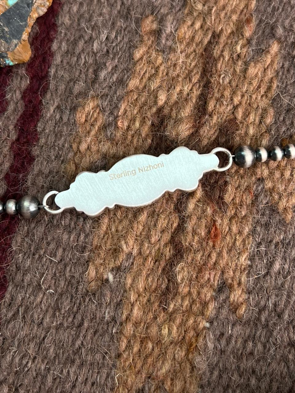 Handmade Sterling Silver Dahlia Rose with Emerald Valley Turquoise Beaded Bracelet "Signed Nizhoni"