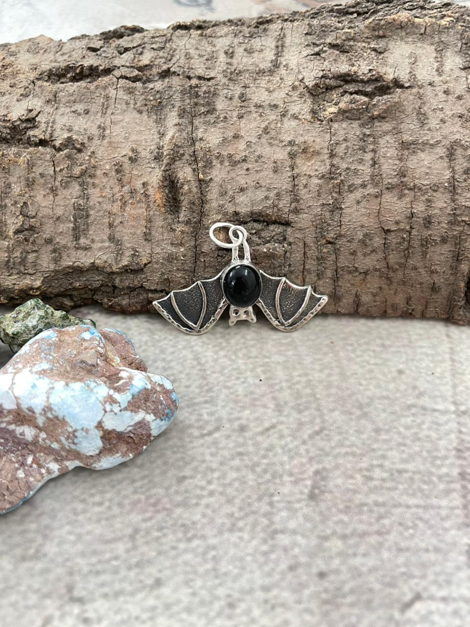 "Halloween Collection" Handmade Sterling Silver Black Onyx Bat Pendant with Signed Nizhoni